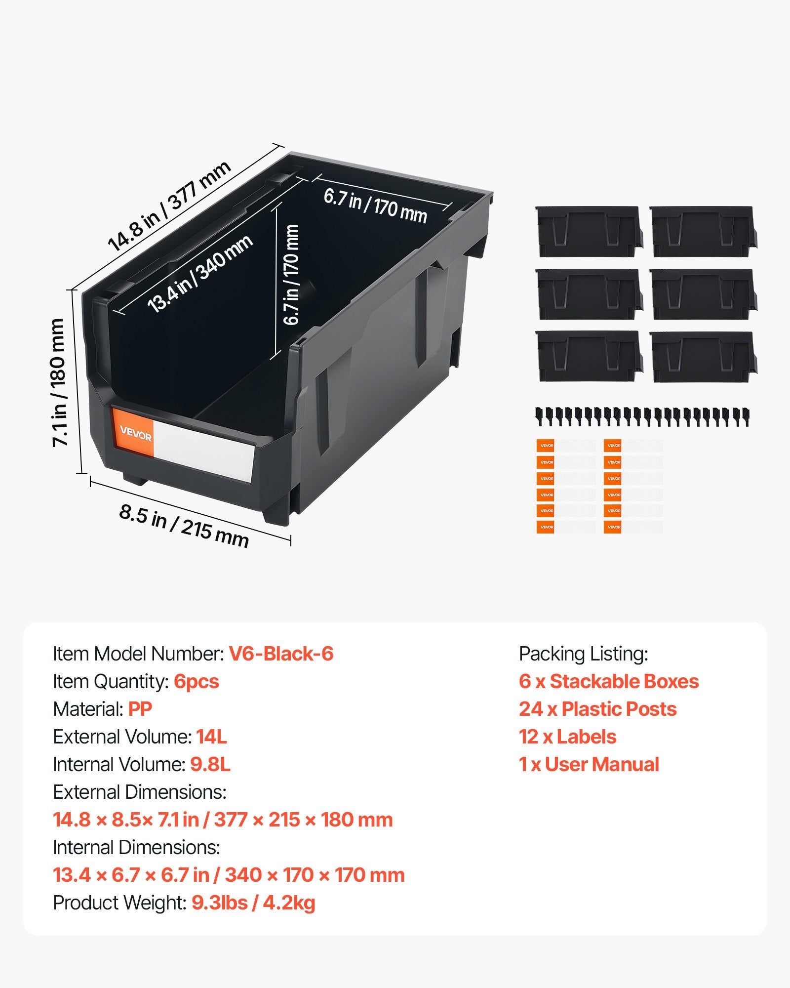 VEVOR Plastic Stackable Storage Bins, 37.7 x 21.5 x 18 cm (6 Pack), Plastic Containers for Organizing and Storage Bins for Closet, Garage, Small Parts, Office Supplies and Other Accessories, Black