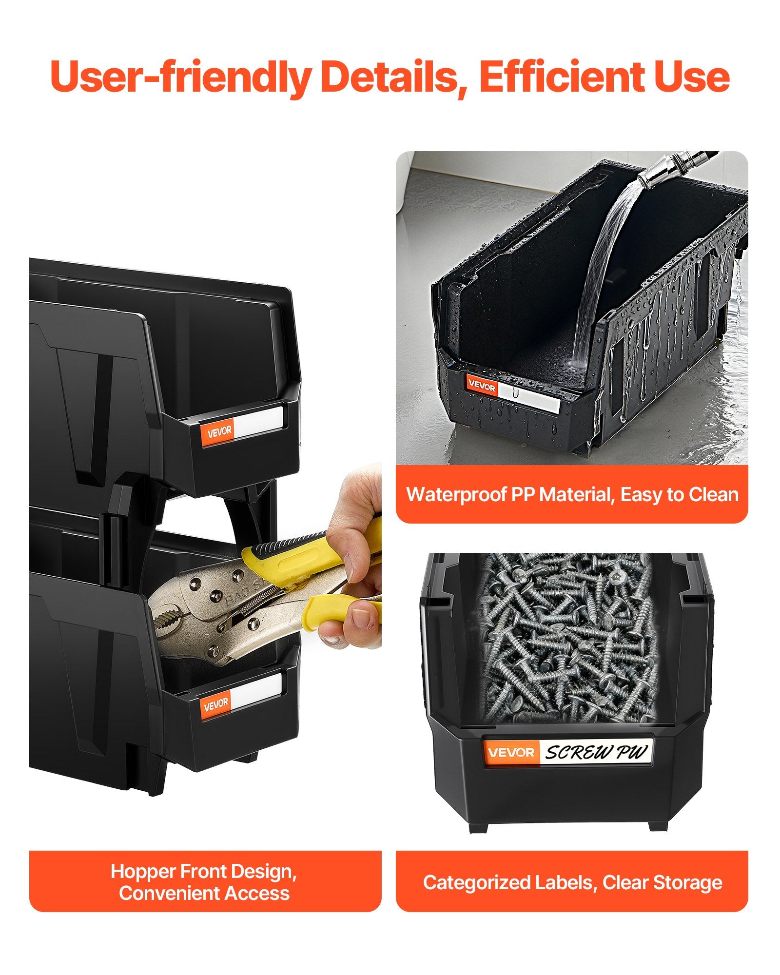 VEVOR Plastic Stackable Storage Bins, 27.6 x 14 x 13 cm (8 Pack), Plastic Containers for Organizing and Storage Bins for Closet, Garage, Small Parts, Office Supplies and Other Accessories, Black