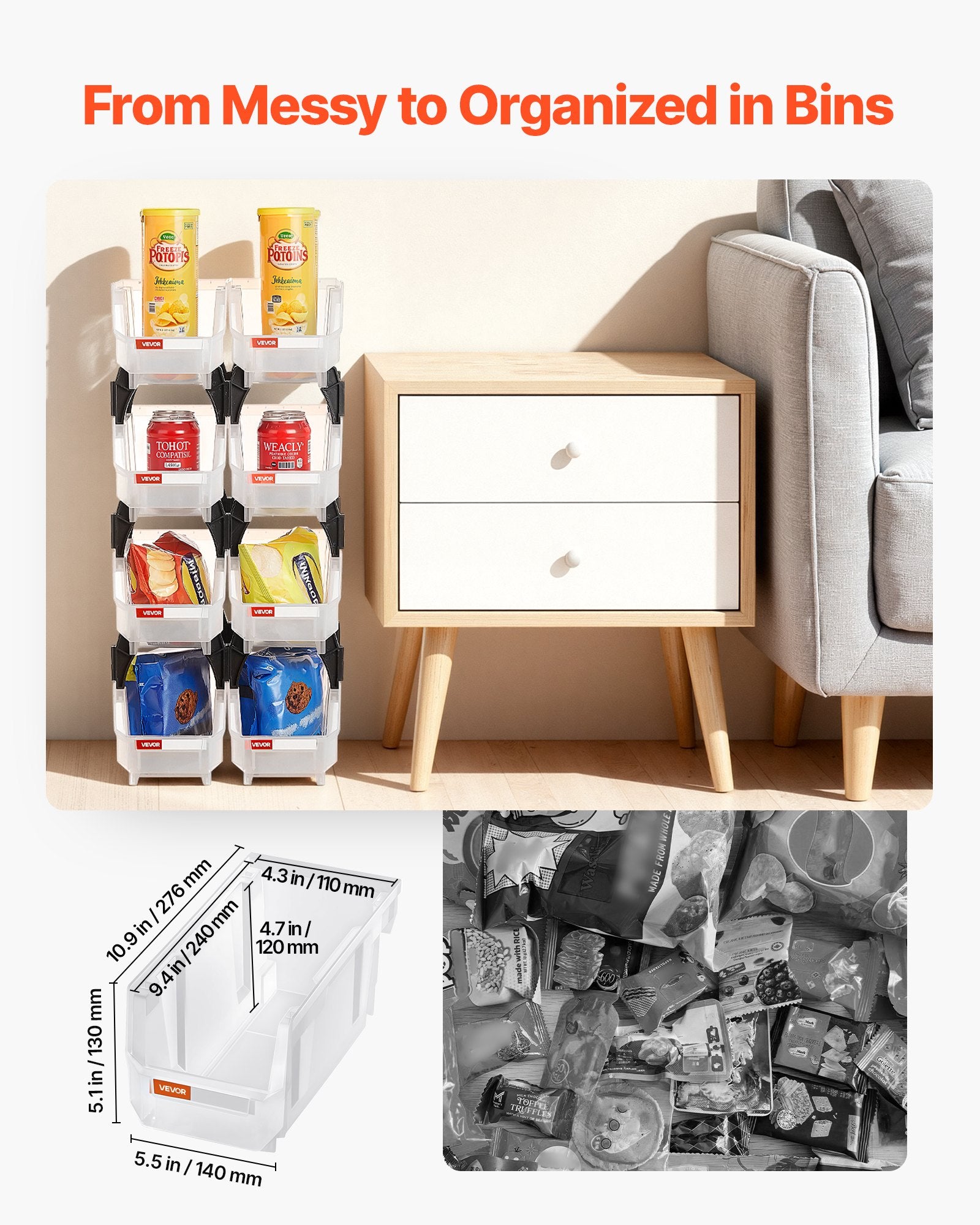 VEVOR Plastic Stackable Storage Bins, 27.6 x 14 x 13 cm (8 Pack), Plastic Containers for Organizing & Storage Bins for Closet, Garage, Small Parts, Office Supplies, Other Accessories, Transparent