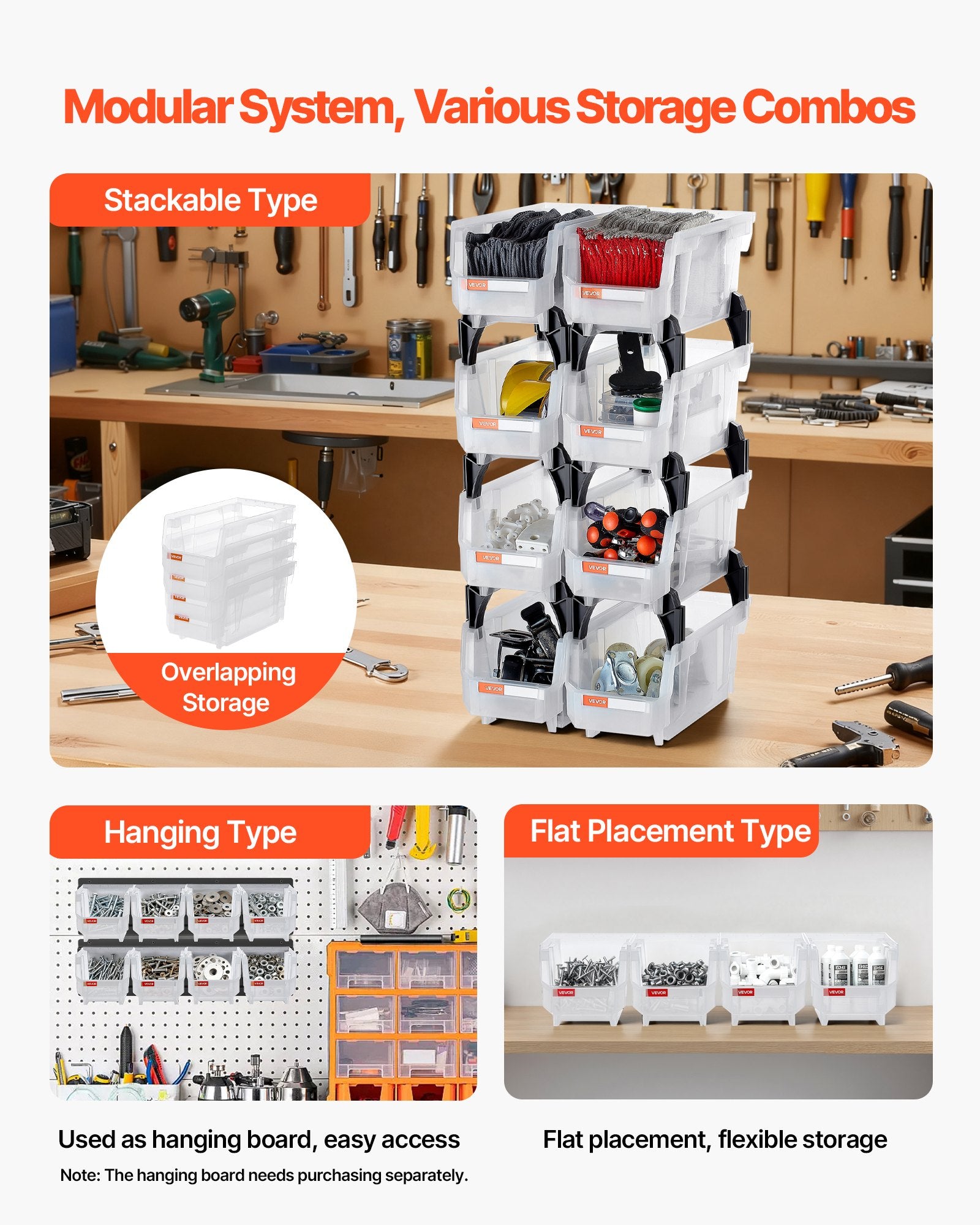 VEVOR Plastic Stackable Storage Bins, 27.6 x 14 x 13 cm (8 Pack), Plastic Containers for Organizing & Storage Bins for Closet, Garage, Small Parts, Office Supplies, Other Accessories, Transparent