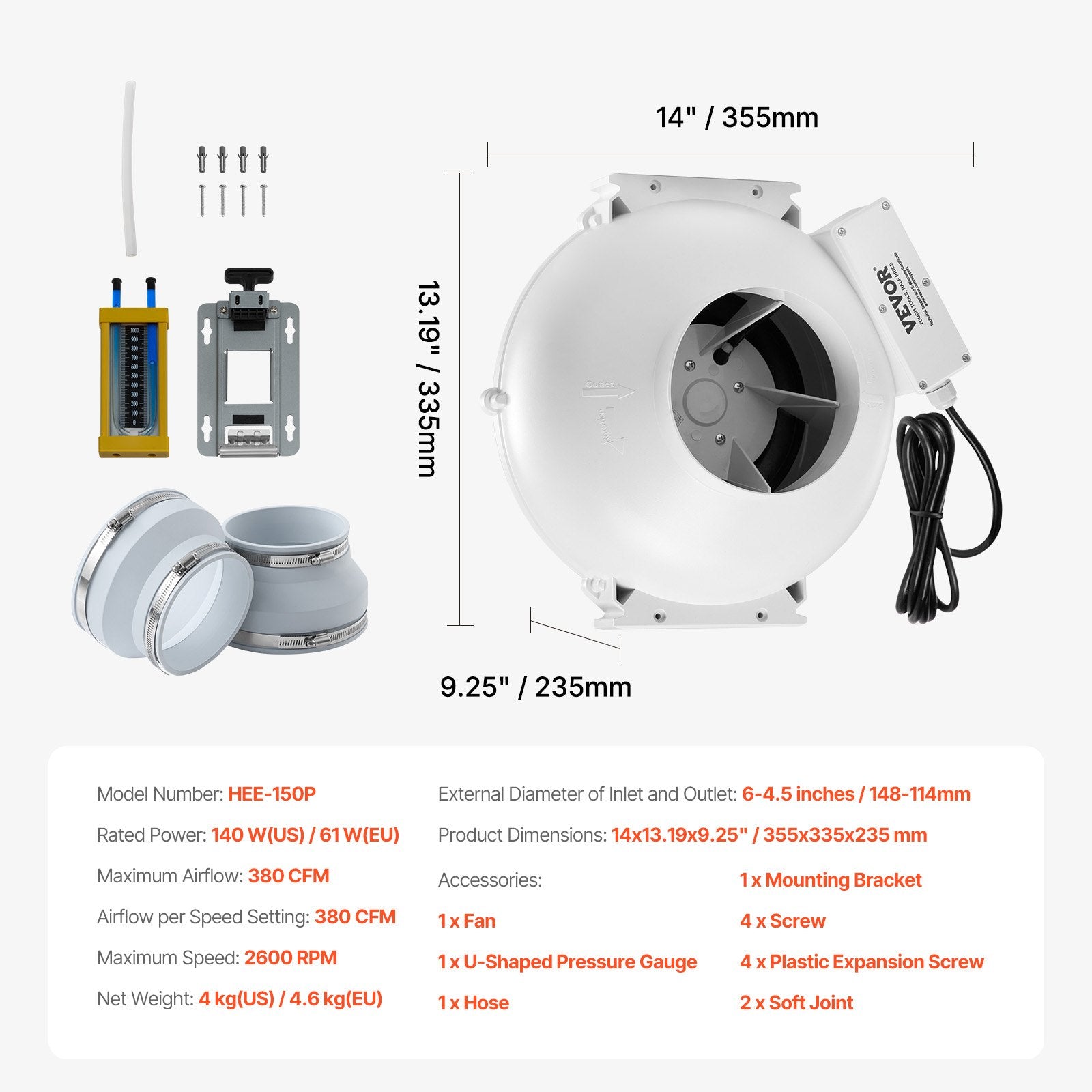 VEVOR 6" to 4.5" Radon Mitigation Fan System Kit Quiet 380 CFM Inline Duct Fan