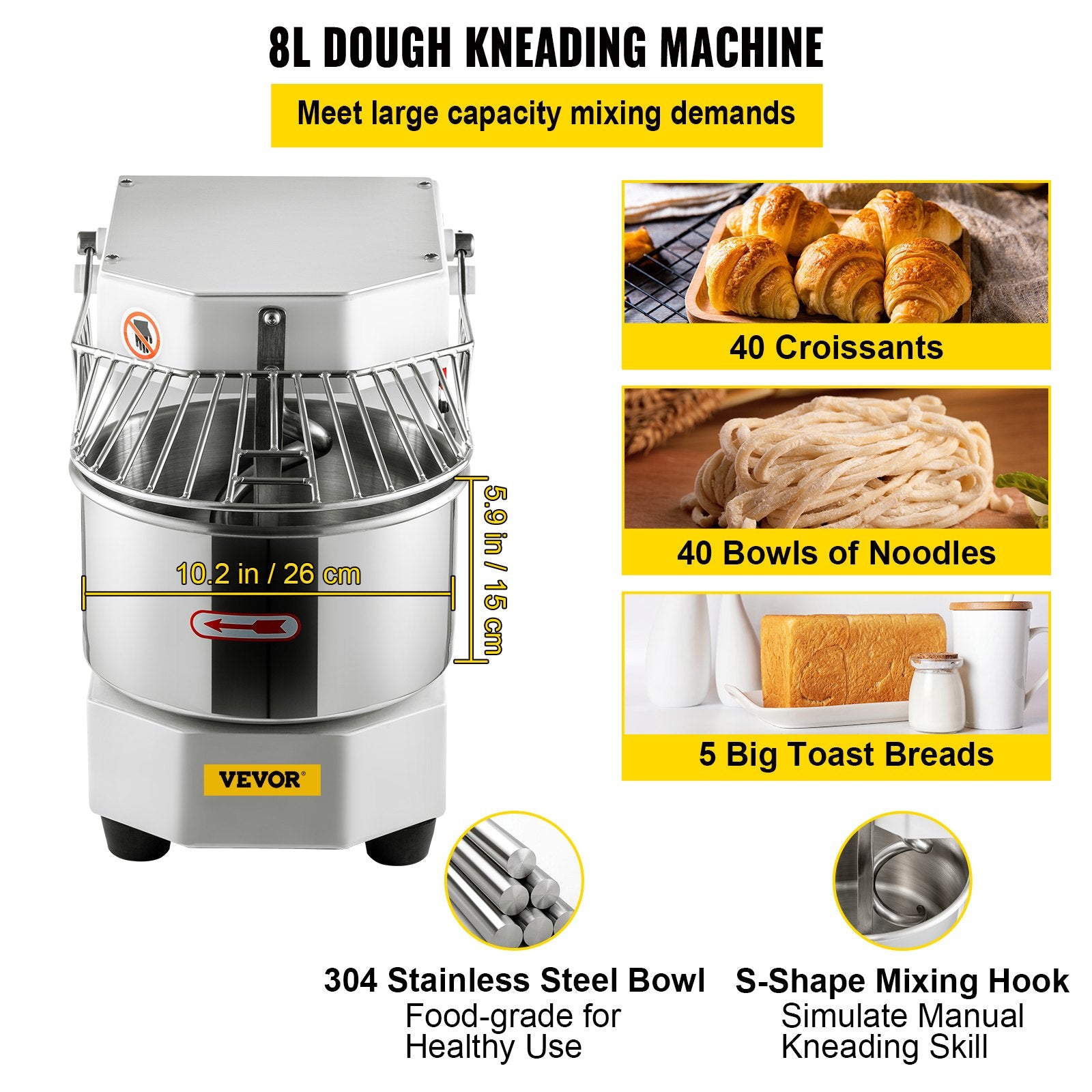 VEVOR Commercial Dough Food Mixer, 8L Large Capacity Stainless Steel Mixer with Bowel, Hook, Shield, Reset Button, 450W Tilt-Head Kitchen Dough Mixers for Cake, Cream, Egg Fluid, Fillings