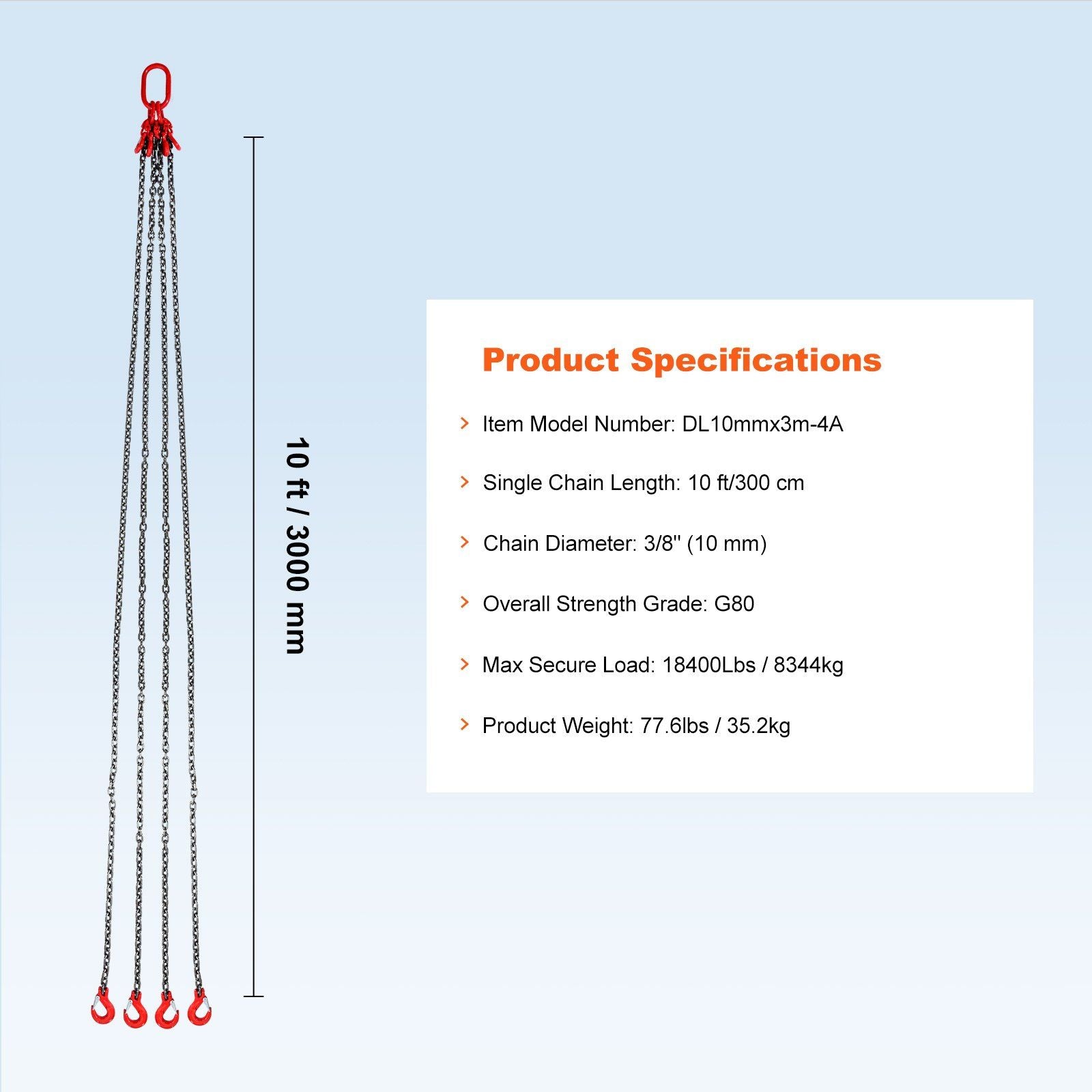 Chain Sling, 10 mm x 300 cm Lifting Chains with Hooks, G80 Engine Chain Hoist Lifts, 8 Ton/8344 kg Lifting Sling Chains for Engine Hoist, Engine Lift Chain with 4 Leg Grab Hooks & Adjusters