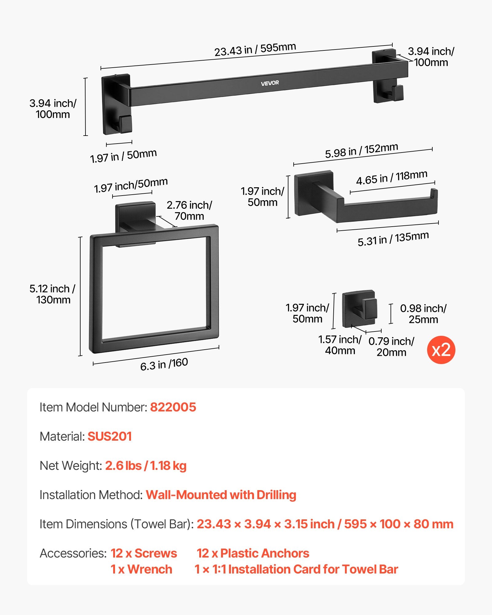 VEVOR Matte Black Bathroom Hardware Set, 5 Pieces Stainless Steel Bathroom Accessories Set, 24-inch Towel Bar, Towel Rack, 2 Robe Towel Hooks, Toilet Paper Holder, for Bath Room, Wall Mounted
