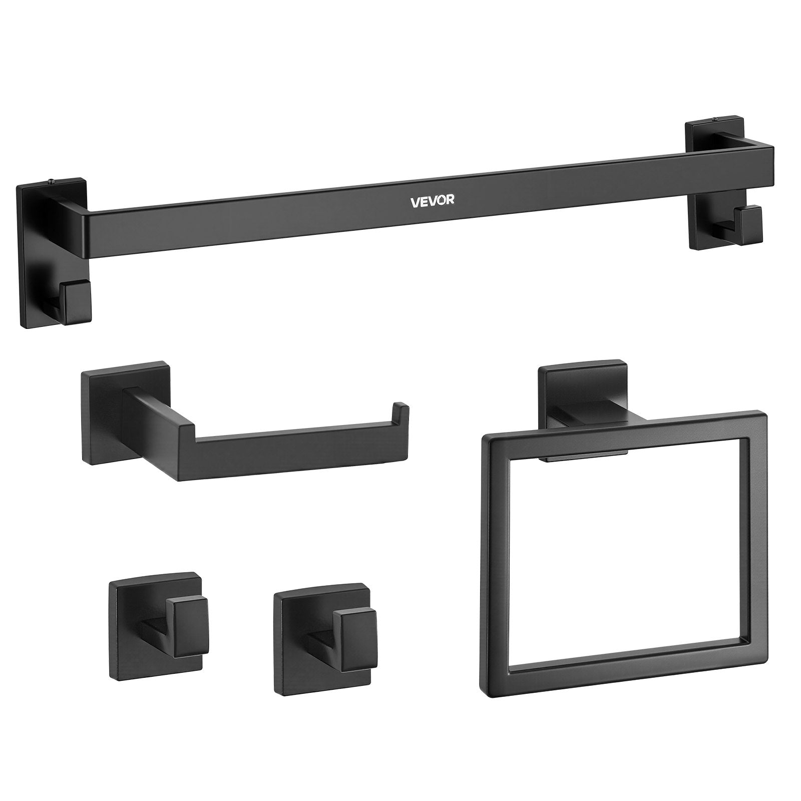 VEVOR Matte Black Bathroom Hardware Set, 5 Pieces Stainless Steel Bathroom Accessories Set, 24-inch Towel Bar, Towel Rack, 2 Robe Towel Hooks, Toilet Paper Holder, for Bath Room, Wall Mounted