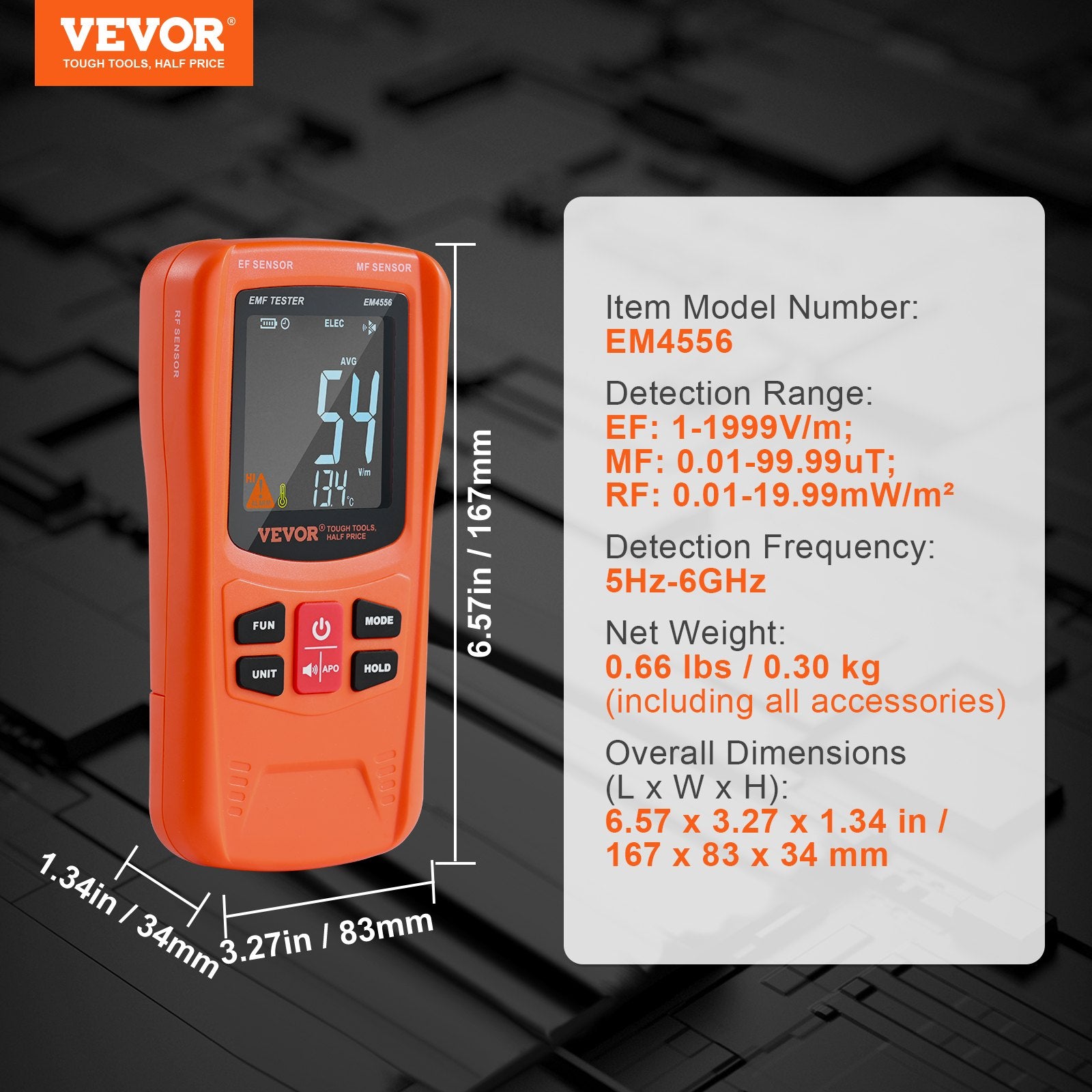VEVOR 3-in-1 EMF Meter, 5Hz-6GHz, Handheld Rechargeable Electromagnetic Field Radiation Detector, Digital LCD EMF Tester for EF MF RF Home Inspections Outdoor Ghost Hunting 5G Cell Tower Temperature