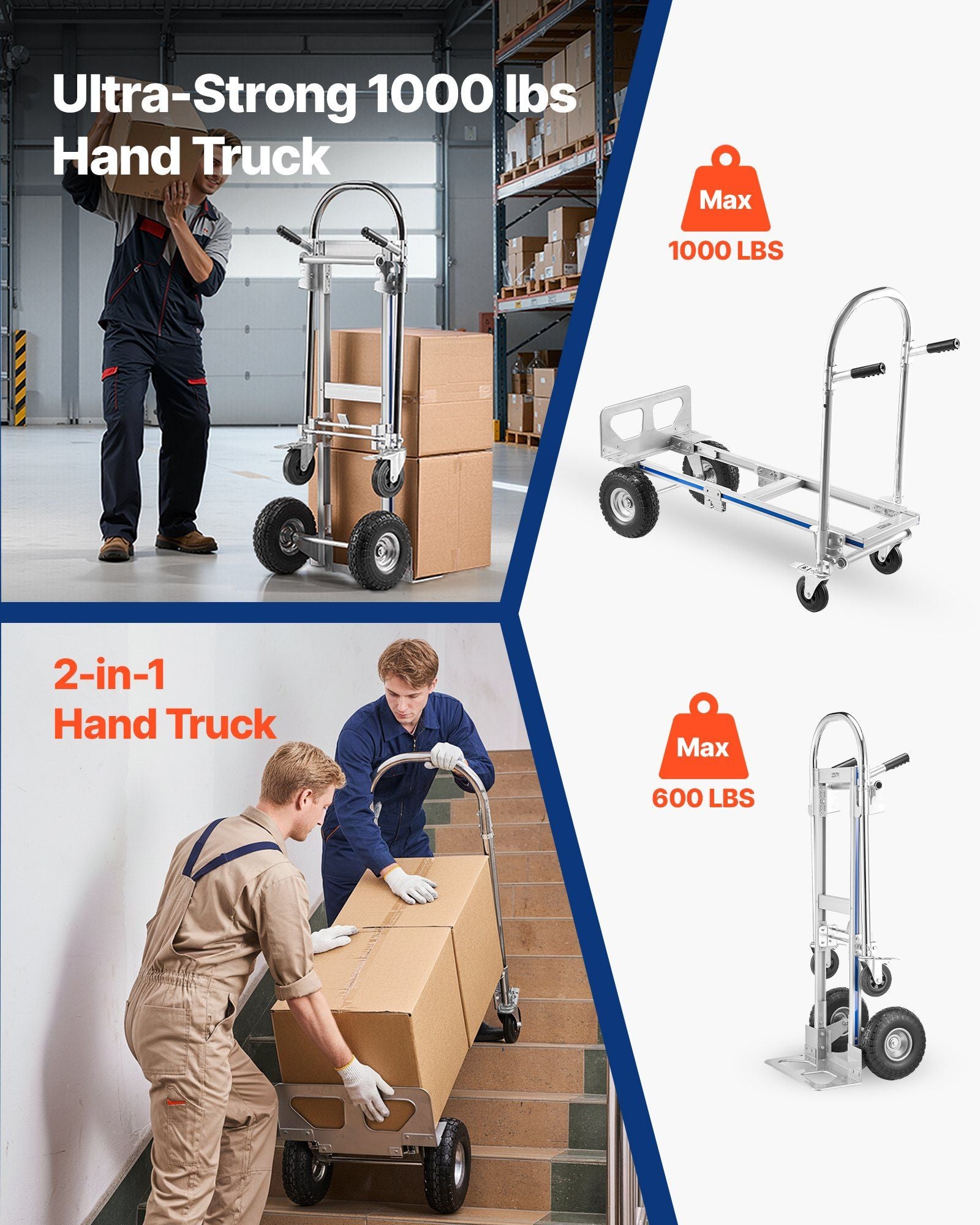 2 in 1 Hand Truck, 453.6 kg Load Capacity for 4-Wheel Mode, Convertible Hand Truck Dolly with Non-Slip Handle & Wheels, Portable Trolley Dolly for Moving Home, Office, Warehouse, Supermarket
