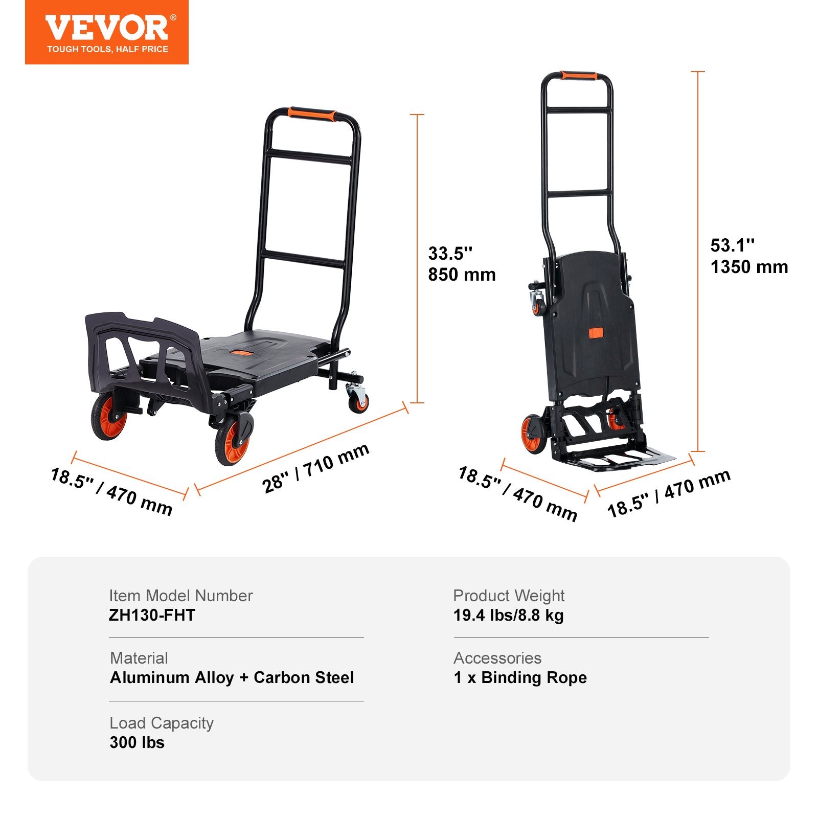 VEVOR Aluminum Hand Truck, 2 in 1, 136 kg Max Load Capacity, Heavy Duty Industrial Convertible Folding Hand Truck and Dolly, Utility Cart Converts from Hand Truck to Platform Cart with Rubber Wheels