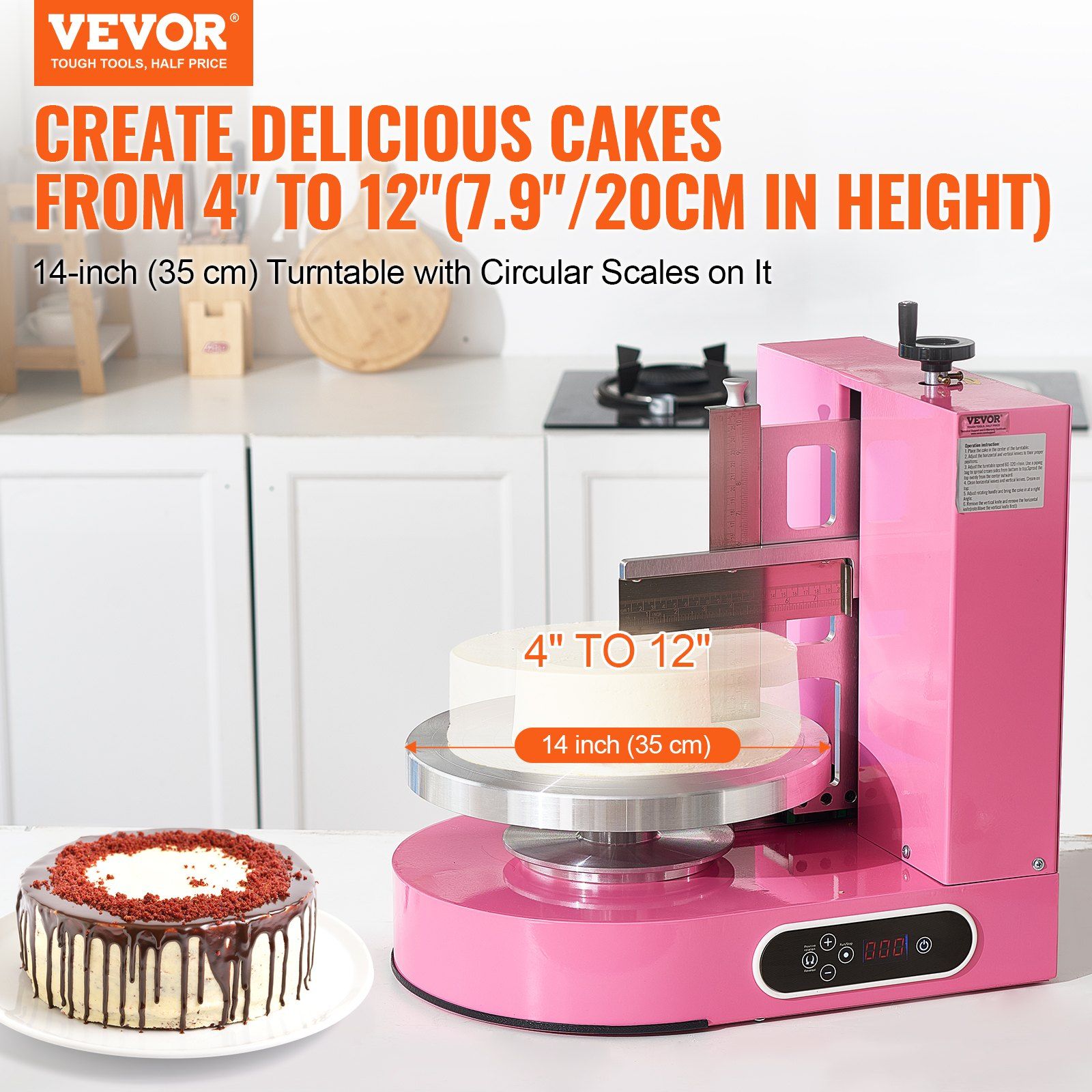 Cake Decorating Machine, Cake Cream Spreading Coating Smearing Machine, Low Noise Cake Frosting Machine, Turntable with Adjustable Scraper, for 4" to 12" Cake, 25-320RPM Rotating Speed, Pink