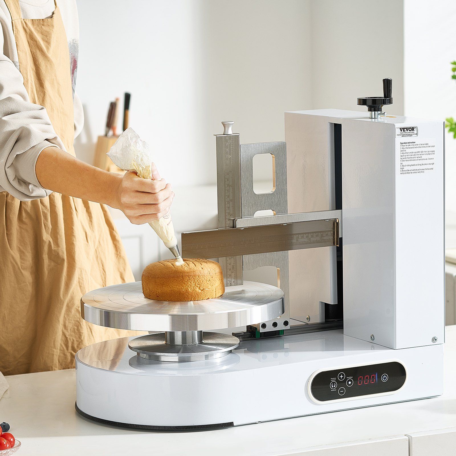 Cake Decorating Machine, Cake Cream Spreading Coating Smearing Machine, Low Noise Cake Frosting Machine, Turntable with Adjustable Scraper, for 6" to 14" Cake, 25-320RPM Rotating Speed, White