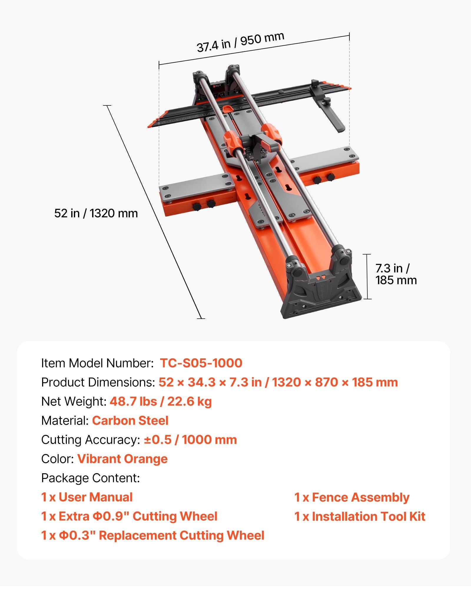 1000 mm Manual Tile Cutter, Upgraded Sliding Head Cutting Tool with Spring-Loaded Base, Angle Fence, Tungsten Carbide Cutting Wheel, Alignment Guide, for DIY Pros, Ceramic, Floor & Wall Tiles