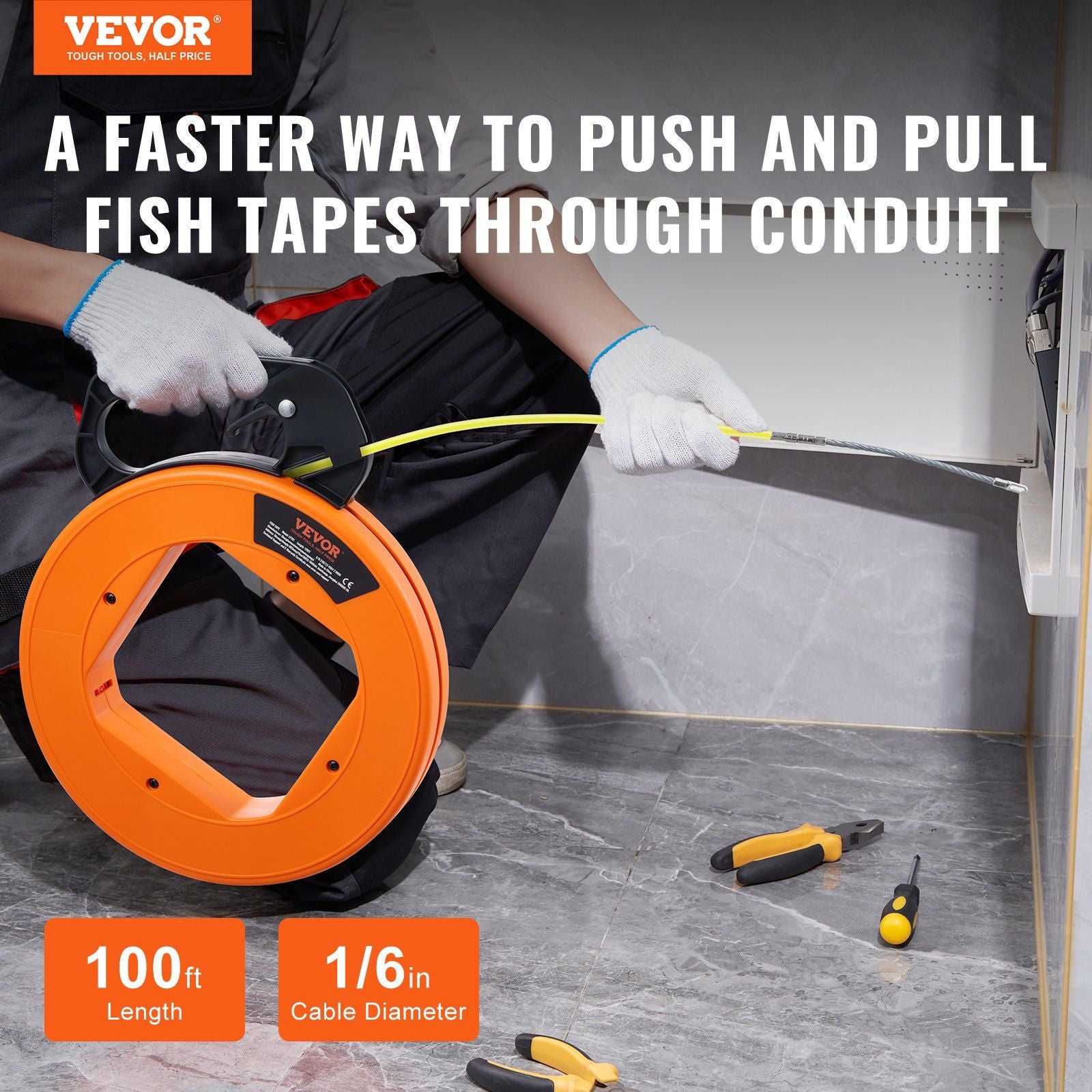 Fish Tape, 30.5 m, 4.2 mm, Fiberglass Wire Puller with Optimized Housing and Handle, Easy-to-Use Cable Puller Tool, Flexible Wire Fishing Tools for Wall and Electrical Conduit, Non-Conductive