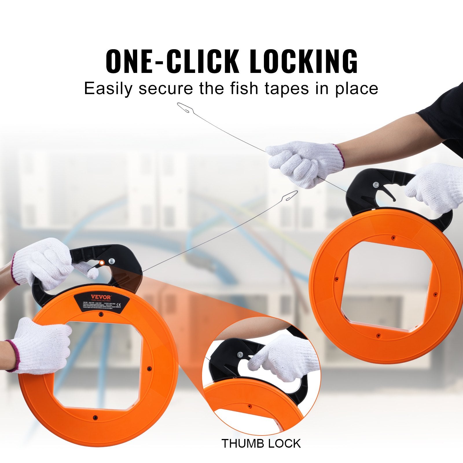 VEVOR Fish Tape, 36.58 m, 3 mm, Steel Wire Puller with Optimized Housing and Handle, Easy-to-Use Cable Puller Tool, Flexible Wire Fishing Tools for Walls and Electrical Conduit, Non-Conductive
