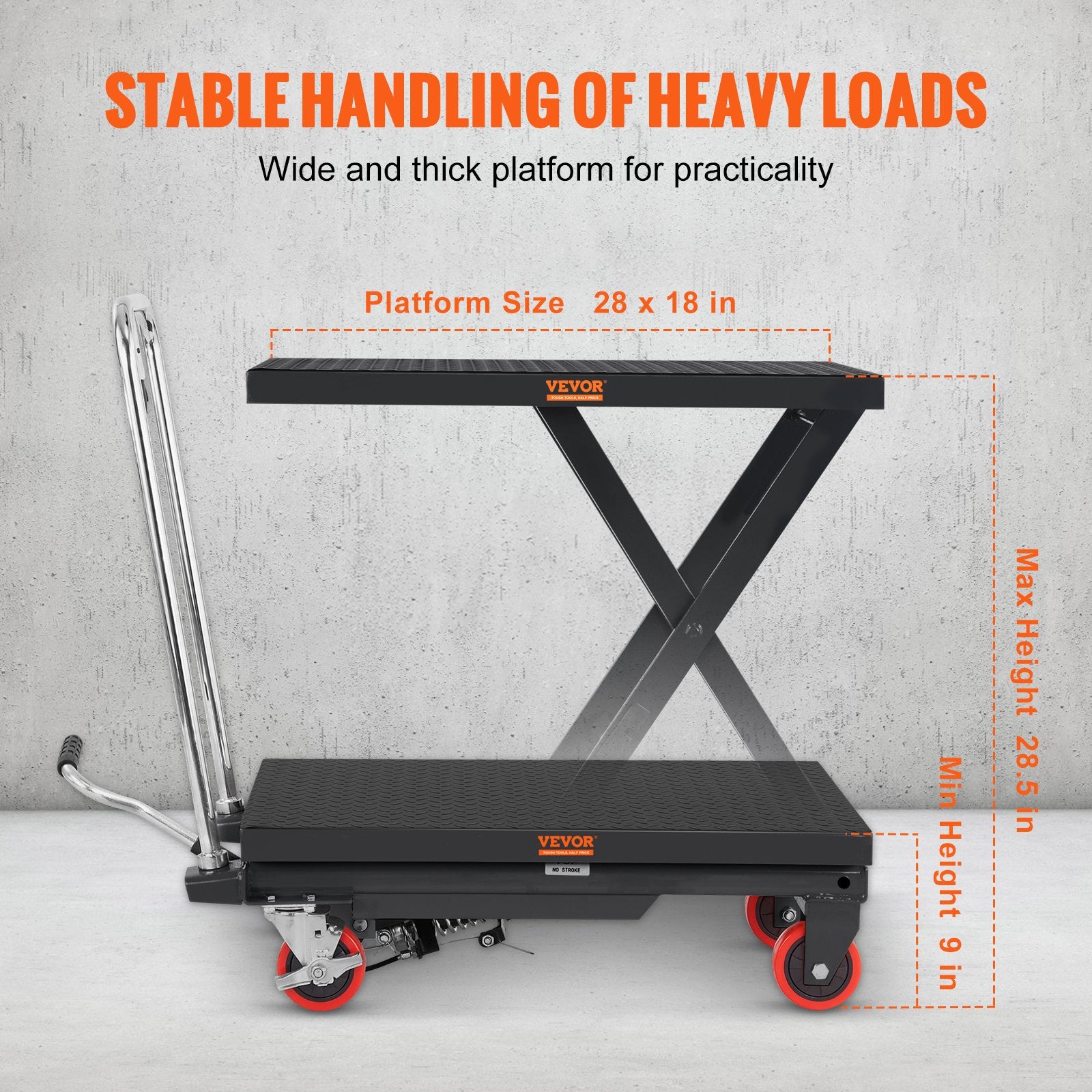 VEVOR Hydraulic Lift Table Cart, 330lbs Capacity 28.5" Lifting Height, Manual Single Scissor Lift Table with 4 Wheels and Non-slip Pad, Hydraulic Scissor Cart for Material Handling, Black