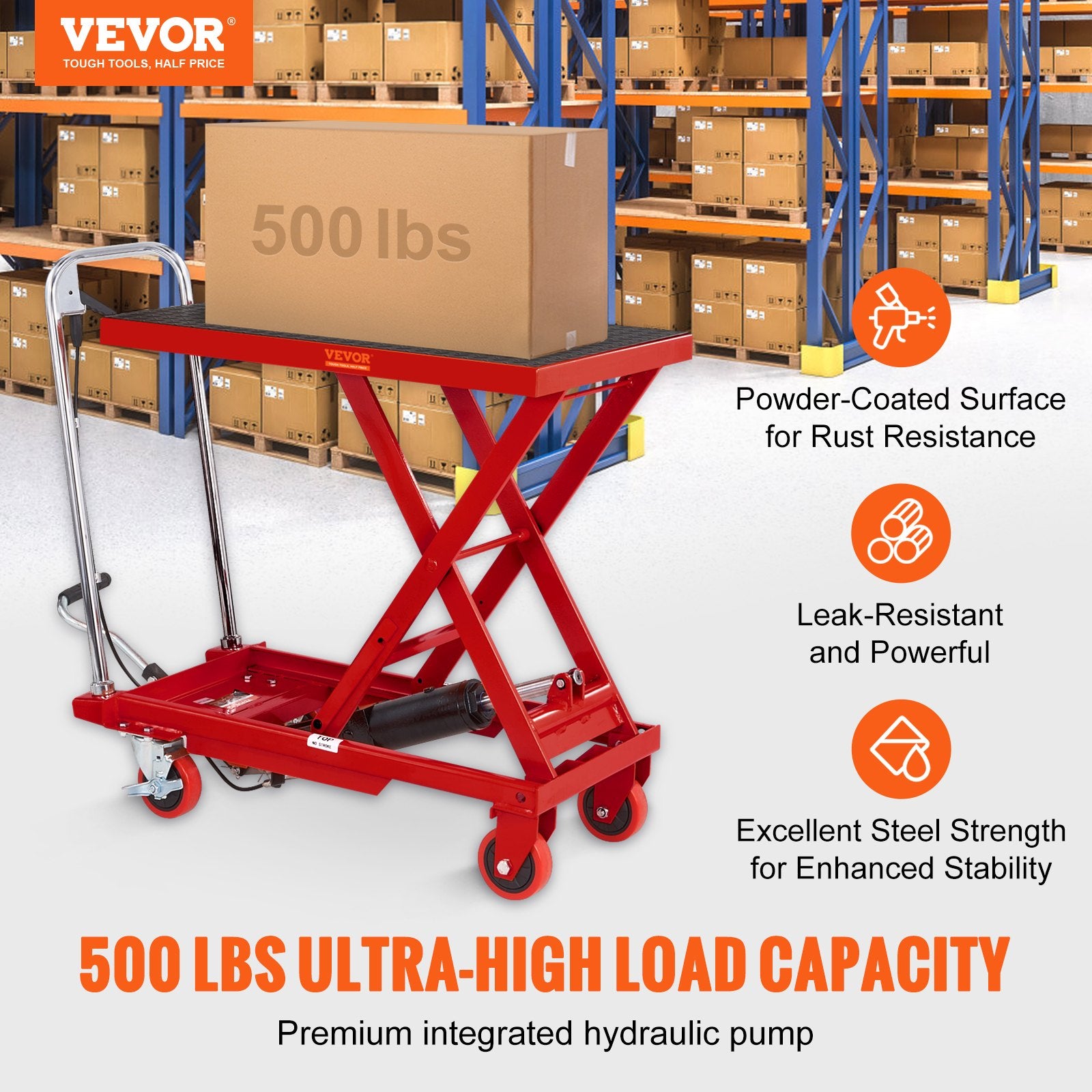 VEVOR Hydraulic Lift Table Cart, 330lbs Capacity 28.5" Lifting Height, Manual Single Scissor Lift Table with 4 Wheels and Non-slip Pad, Hydraulic Scissor Cart for Material Handling, Red