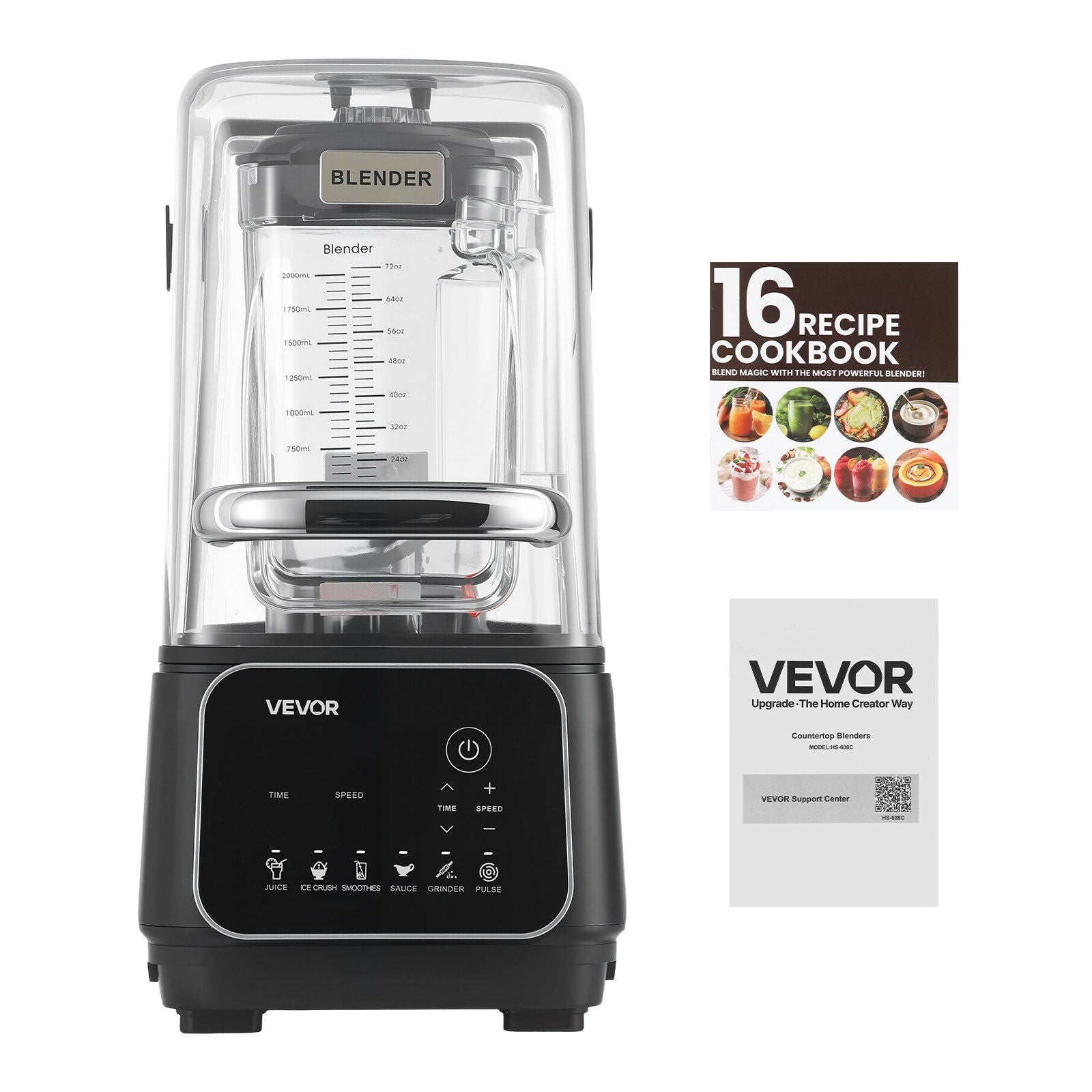 Blender, 2L Professional Countertop Blenders with Shield, 2200W 26000RPM Kitchen Food Processor Combo, Self-Cleaning, Speed Adjustable, 6 Preset Menu for Smoothies, Ice Crushing, Puree, Black