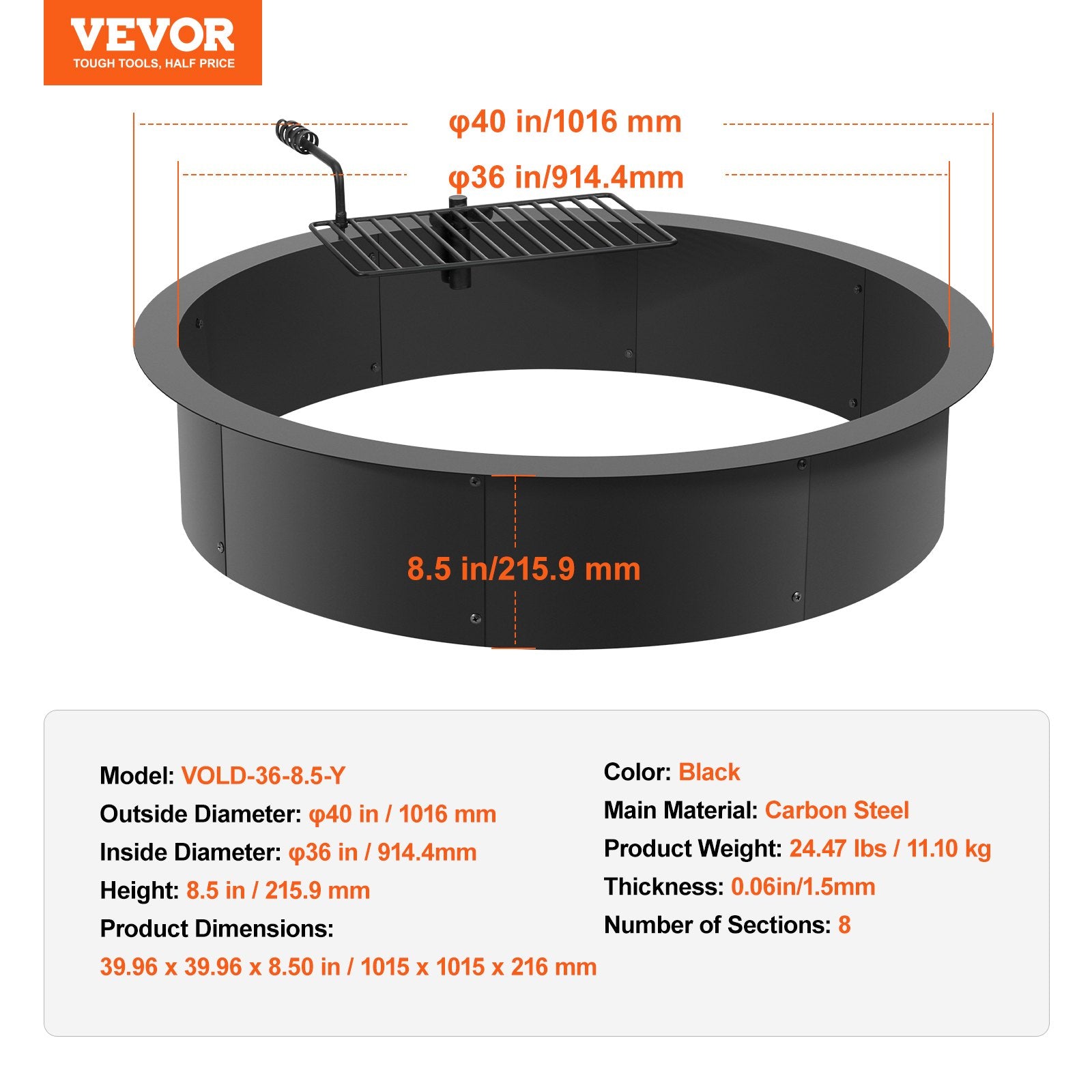 VEVOR Fire Pit Ring, Fire Pit Insert with Barbecue Fire Ring, 40-In Outer/36-In Inner Diameter, 8.5in Height, Carbon Steel Liner DIY Campfire Ring above/In-Ground, for Outdoor Camping, Bonfires
