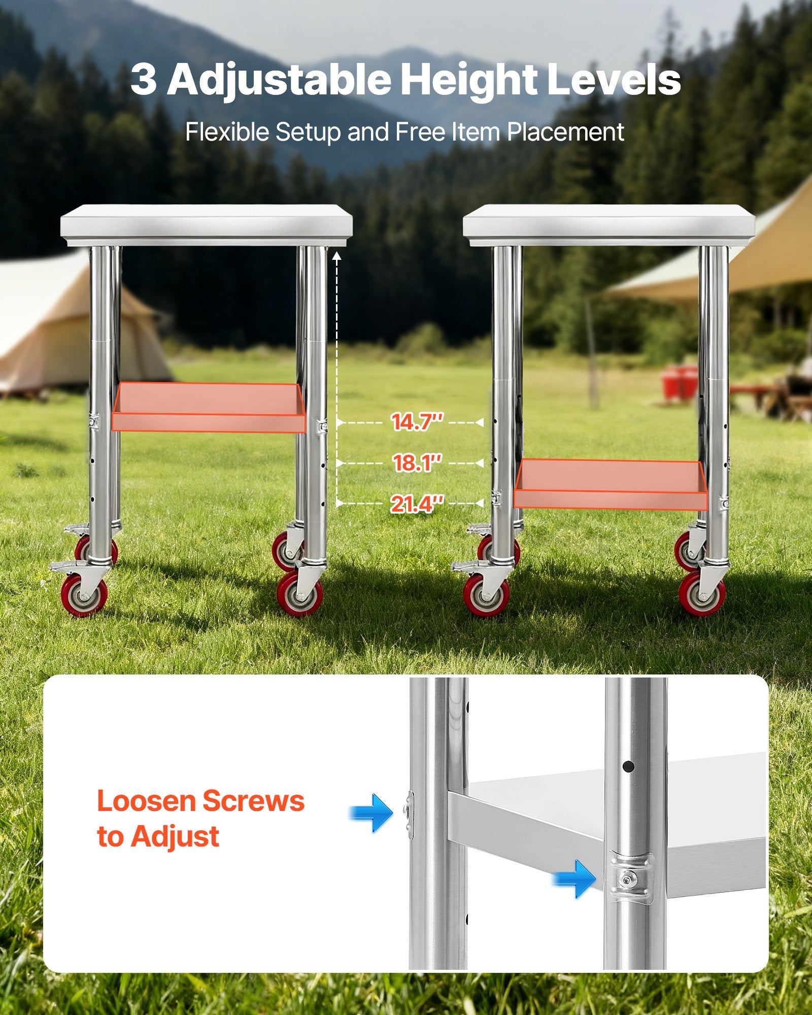 VEVOR Stainless Steel Table, 61 x 45 cm Food Prep Worktable with Wheels, Kitchen Prep Table with Adjustable Undershelf Workstations for Commercial Kitchen, Restaurant, Hotel and Garage, Outdoor