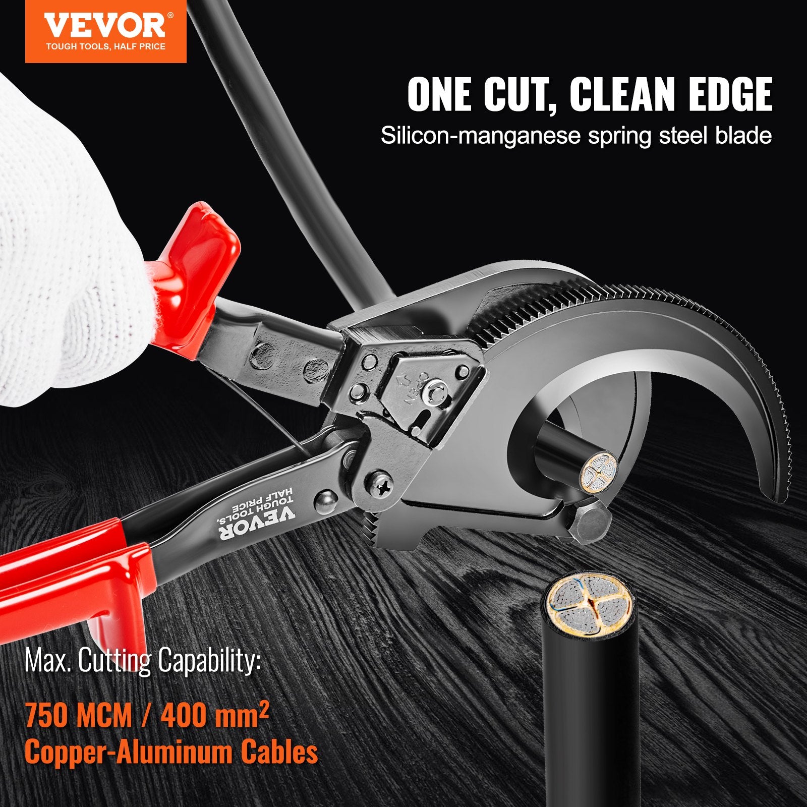 VEVOR Ratcheting Cable Cutter, 280mm Ratchet Wire and Cable Cutter, Cut up to 400 mm², with Comfortable Grip Handles, Easy to Use Quick-Release Lever, Silicon-Manganese Spring Steel Blade