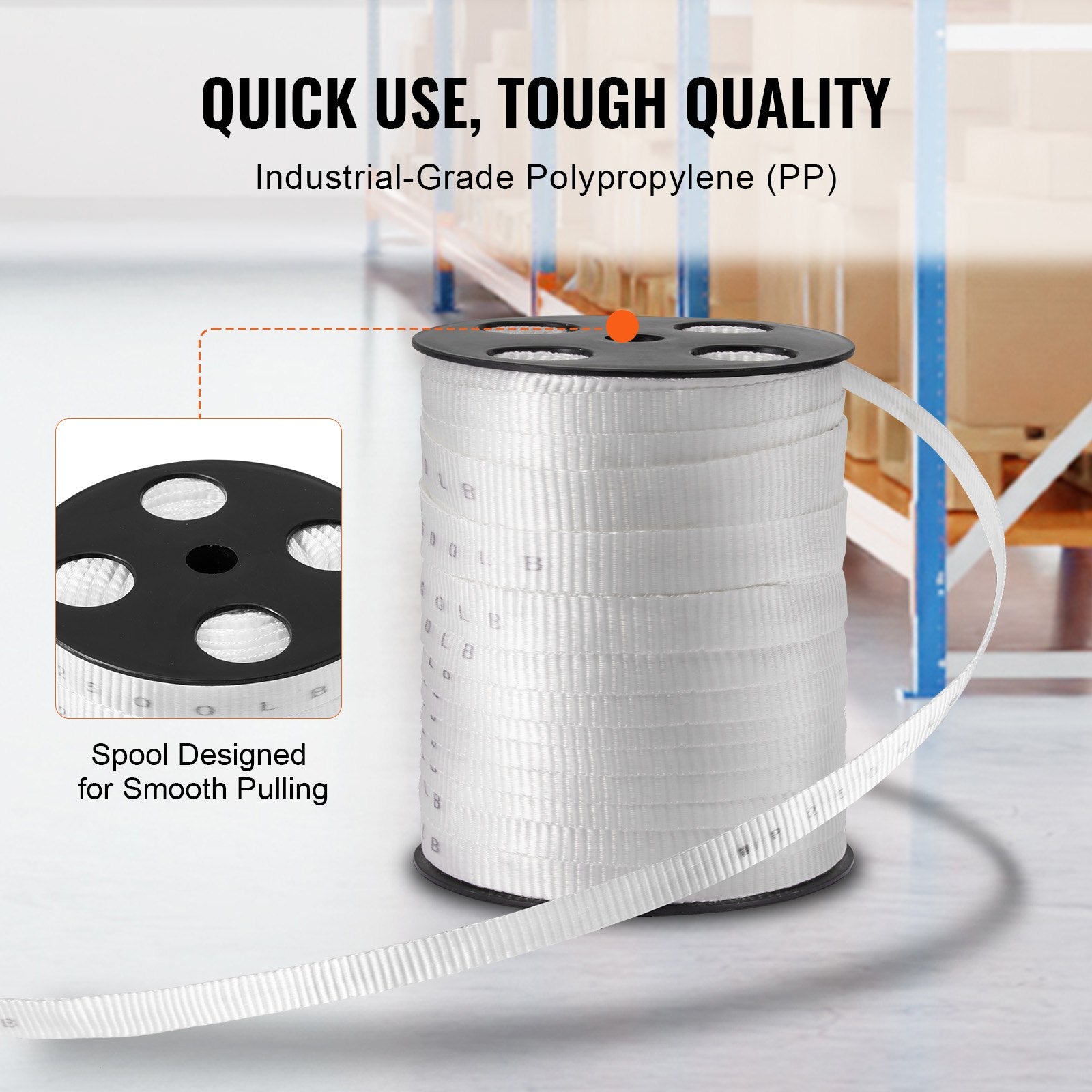 VEVOR Polyester Pull Tape, 1.9 cm x 80.8 m Mule Tape Flat Rope, 1134 kgf Tensile Capacity, Printed Webbing Cable Pulling Tape for Packaging, Gardening, Commercial Electrical, Conduit Work, White