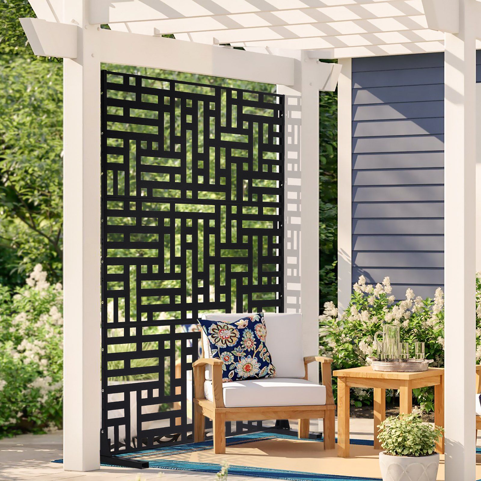 Metal Privacy Screen, 120 x 193cm, Outdoor Privacy Screens 3-Panel, Freestanding Outdoor Divider with Stand, Decorative Garden Steel Privacy Fence for Balcony Patio Indoor Room Hot Tub Black
