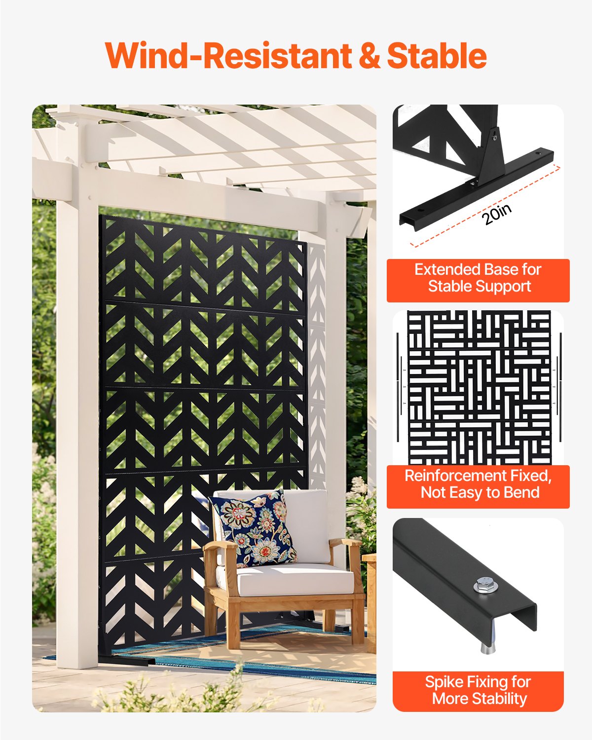 VEVOR Metal Privacy Screen, 47" W x 72" H, Outdoor Privacy Screens 5-Panel, Freestanding Outdoor Divider with Stand, Decorative Garden Steel Privacy Fence for Balcony Patio Indoor Room Black