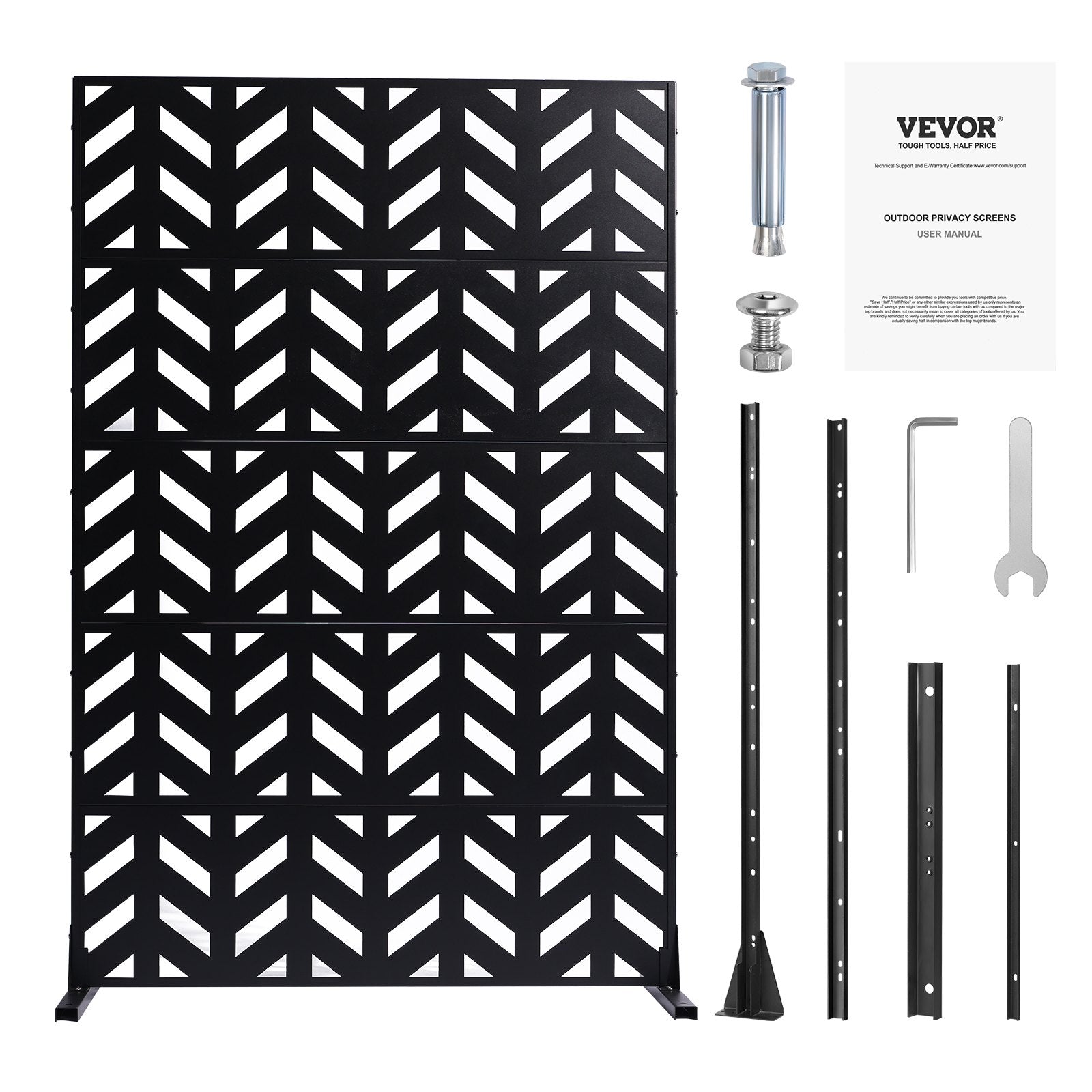 VEVOR Metal Privacy Screen, 47" W x 72" H, Outdoor Privacy Screens 5-Panel, Freestanding Outdoor Divider with Stand, Decorative Garden Steel Privacy Fence for Balcony Patio Indoor Room Black