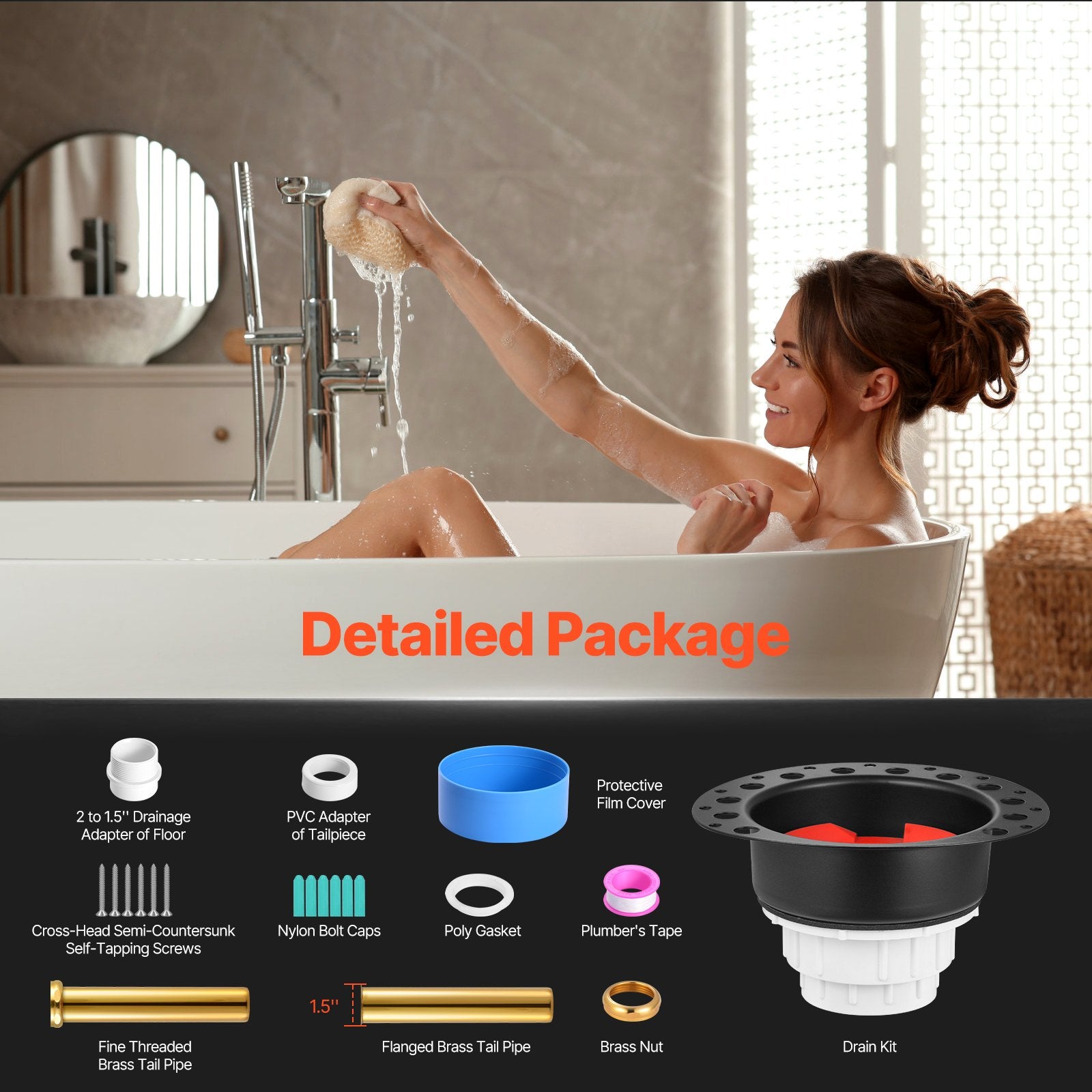 VEVOR PVC Freestanding Tub Drain Kit, 2 Brass Tail Pipes, Bathtub Drain Rough-in Kit, with PVC Adapter of Tailpiece, Compatible with Freestanding Bathtubs, Floor Mounted Bathtubs and Island Bathtubs