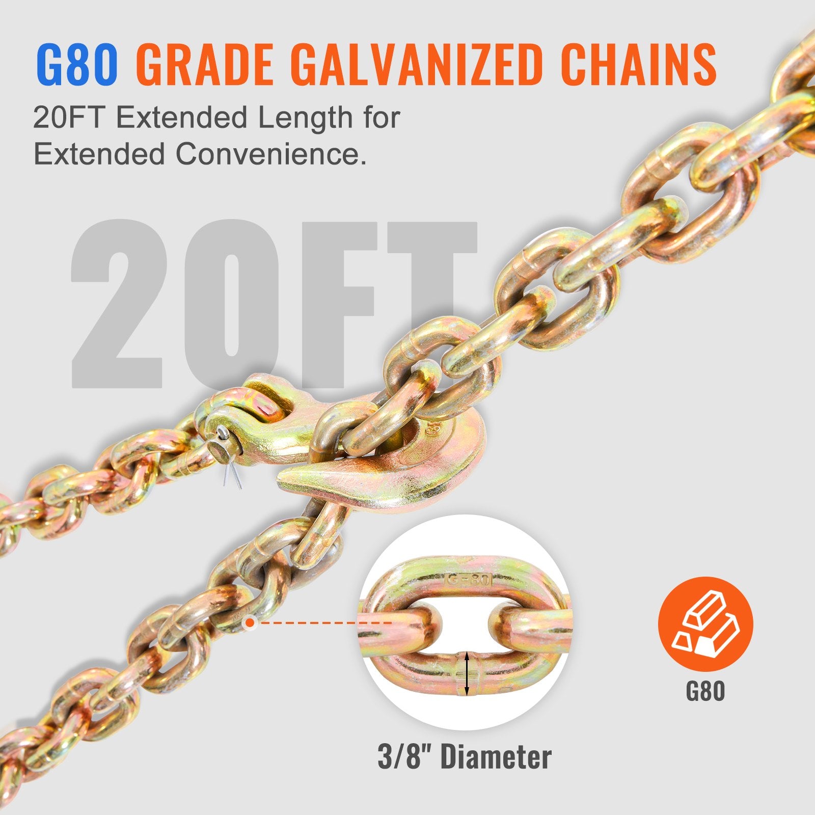 VEVOR Ratchet Chain Binder 2PCS, 0.9-1.2 cm Heavy Duty Load Binders, with G80 Chains 5443 kg Secure Load Limit, Labor-saving Anti-skid Handle, Tie Down Hauling Chain Binders for Flatbed Truck Trailer