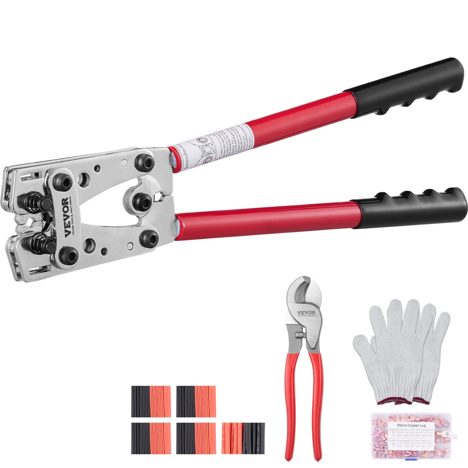 VEVOR Battery Cable Lug Crimping Tool, 10-1/0AWG with Cable Cutter and 95PCS Copper Ring Terminals, 6 Wire Sizes Crimping Die and 100pcs Heat Shrink Tubes, for Heavy Duty Wire Lugs