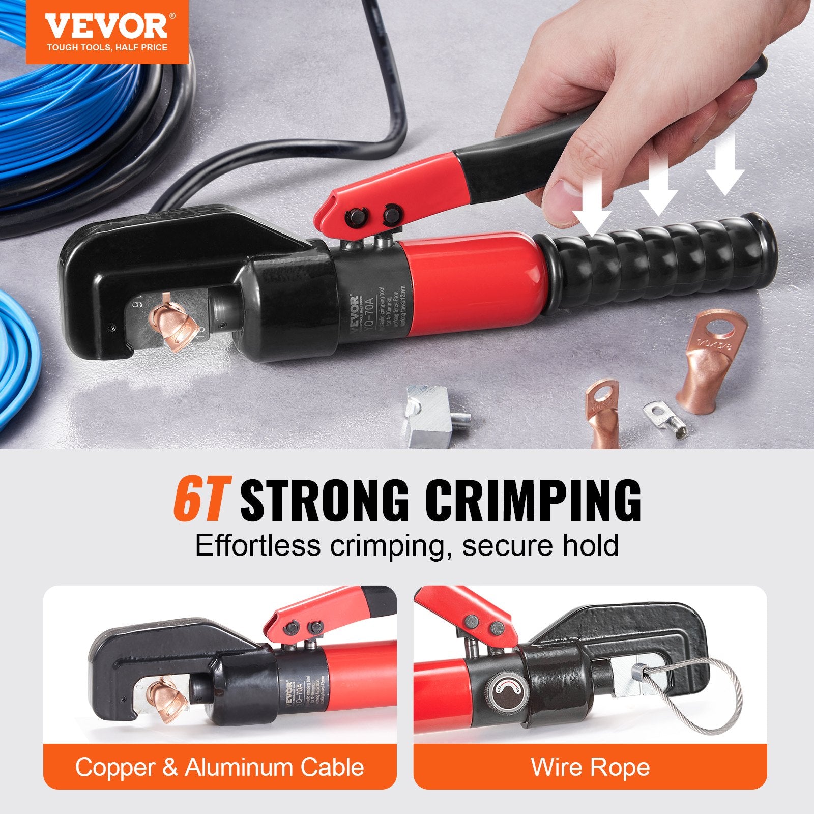 VEVOR Hydraulic Crimping Tool with 9 Sets of Dies AWG12-2/0 Copper And Aluminum Terminal Battery Lug Crimper, with a Cutting Pliers, Gloves, 5pcs Copper Ring Connectors, 8pcs Heat Shrink Sleeves