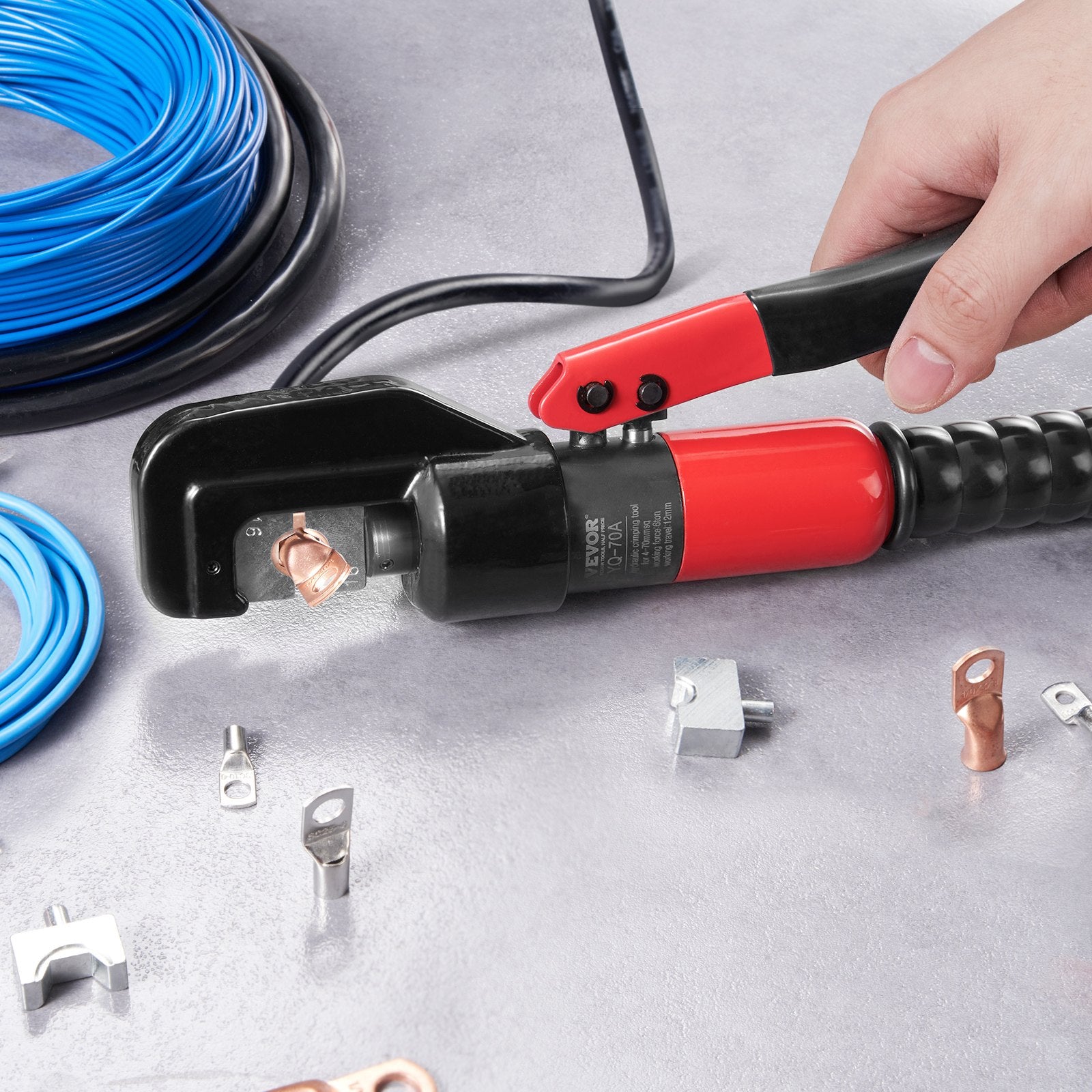 VEVOR Hydraulic Crimping Tool with 9 Sets of Dies AWG12-2/0 Copper And Aluminum Terminal Battery Lug Crimper, with a Cutting Pliers, Gloves, 5pcs Copper Ring Connectors, 8pcs Heat Shrink Sleeves