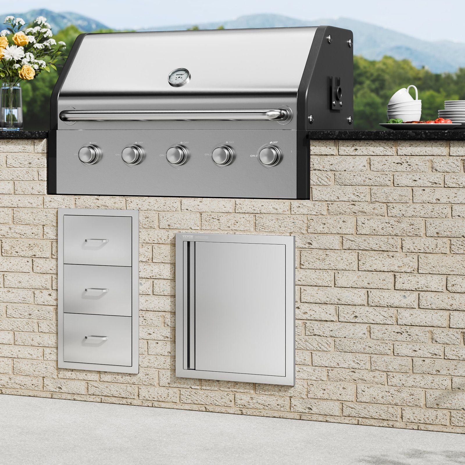BBQ Access Door, 457x533 mm Single Outdoor Kitchen Door, Stainless Steel Flush Mount Door, Wall Vertical Door with Recessed Handle, for BBQ Island, Grilling Station, Outside Cabinet