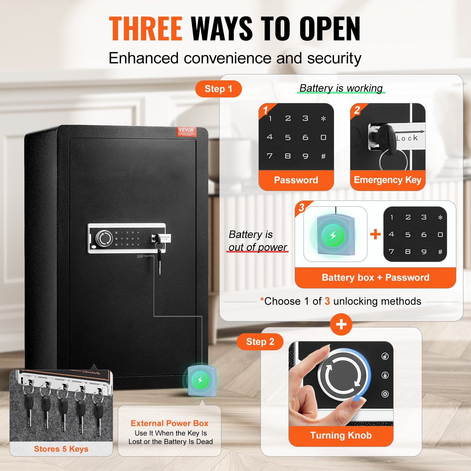 VEVOR Single Door 4.0 cu.ft Safe Box with Key Lock & Password, Safe Lock Box with Fireproof Bag, Key Rack, LED Light, 2 Shelves, and 1 Cabinet for Money, Documents, Jewelry, and Valuables, Black