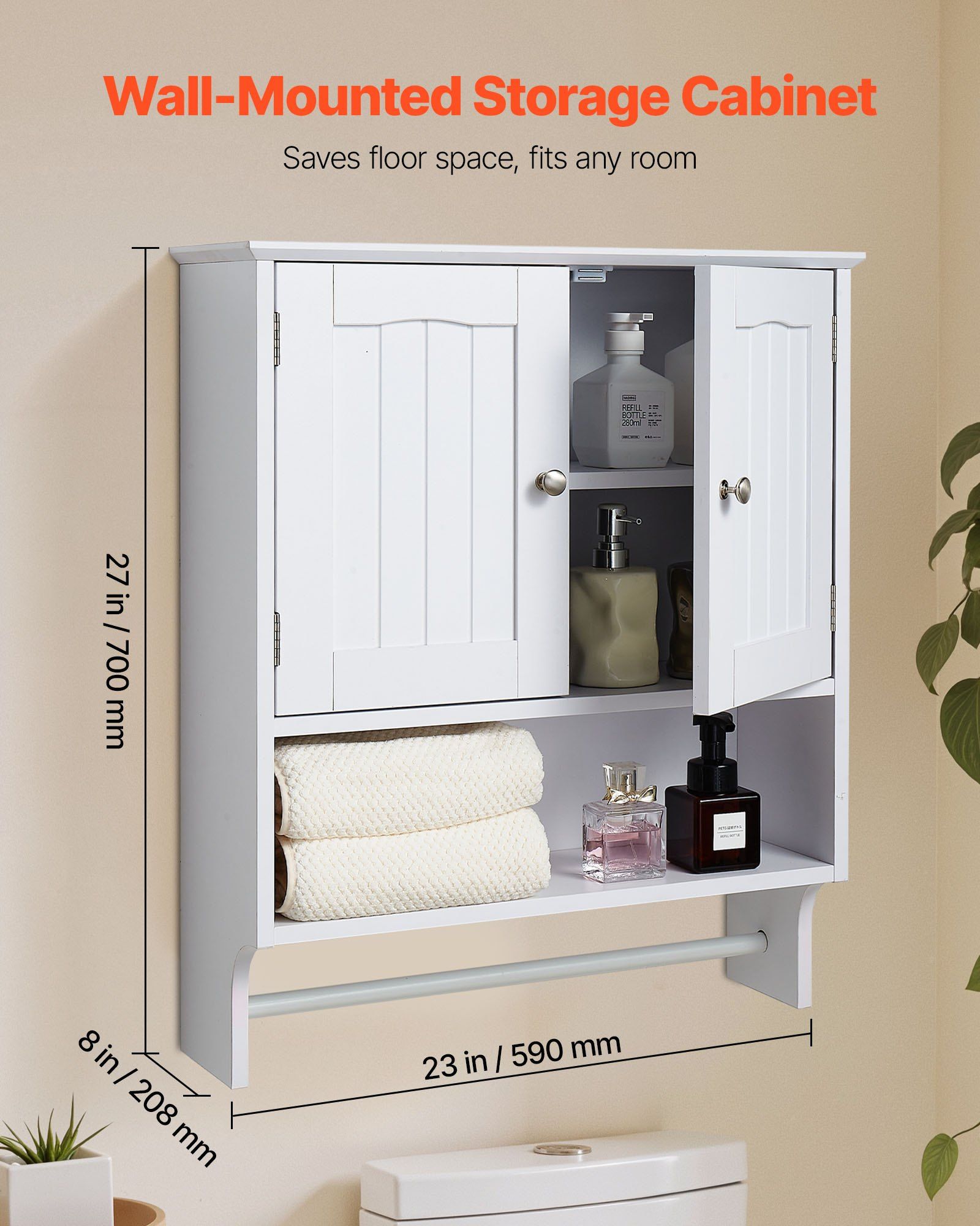 Bathroom Wall Cabinet, 2 Doors and Adjustable Shelf, Over the Toilet Storage Medicine Cabinet Wall Mounted, Hanging Organizer with Open Partition and Towel Bar for Laundry Room Kitchen, White