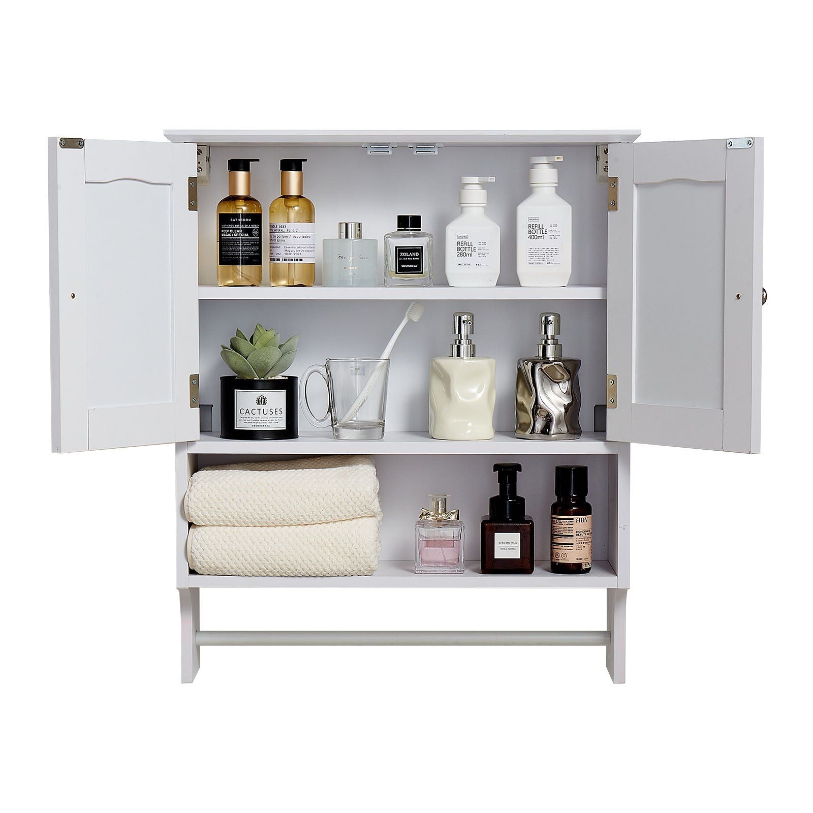 Bathroom Wall Cabinet, 2 Doors and Adjustable Shelf, Over the Toilet Storage Medicine Cabinet Wall Mounted, Hanging Organizer with Open Partition and Towel Bar for Laundry Room Kitchen, White
