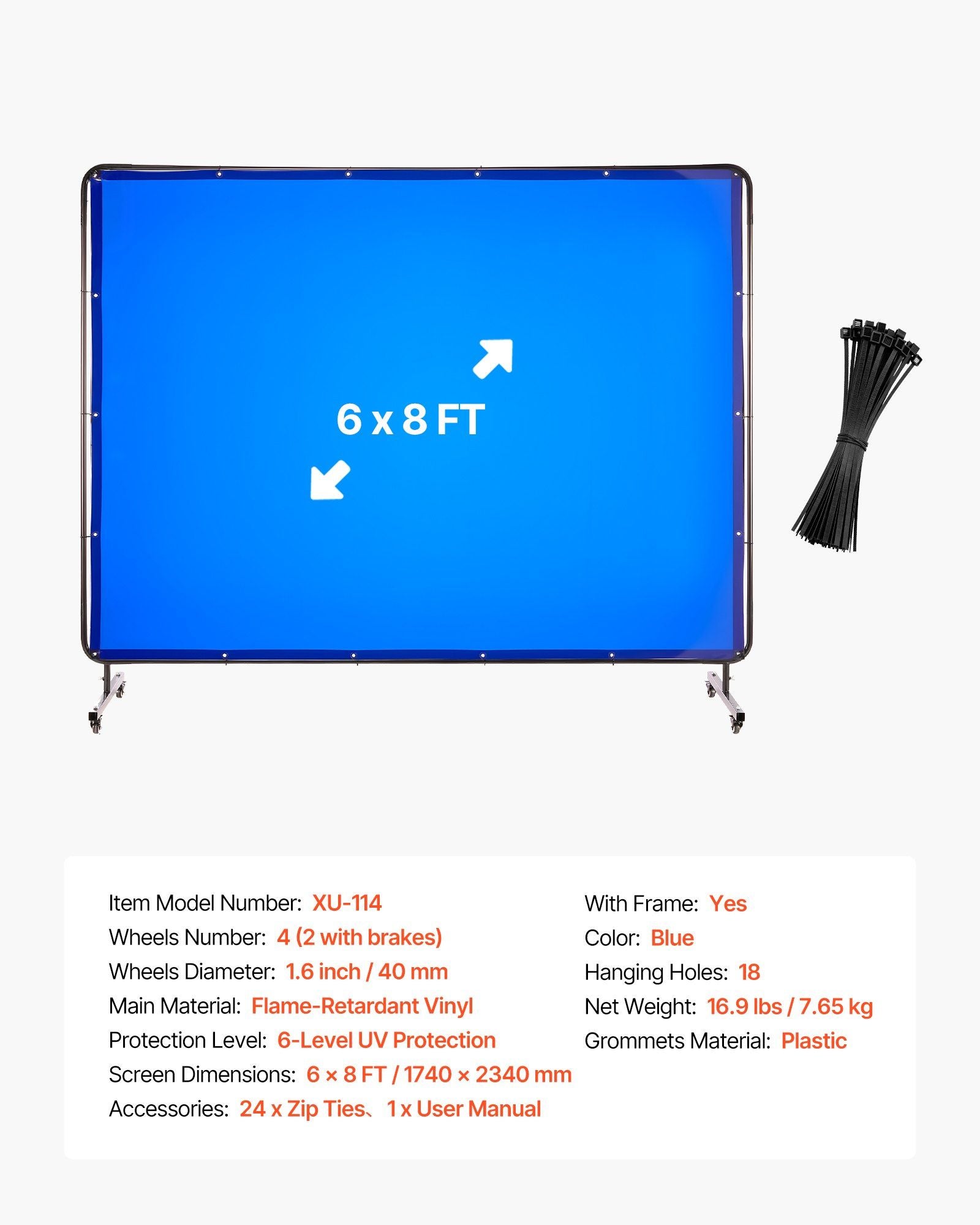 Welding Screen with Frame, 1.74 x 2.34m Welding Curtain Screen, Flame-Resistant Vinyl Protection Screens with Lockable Swivel Wheels & 6-Level UV Protection for Workshop/Industrial Use, Blue