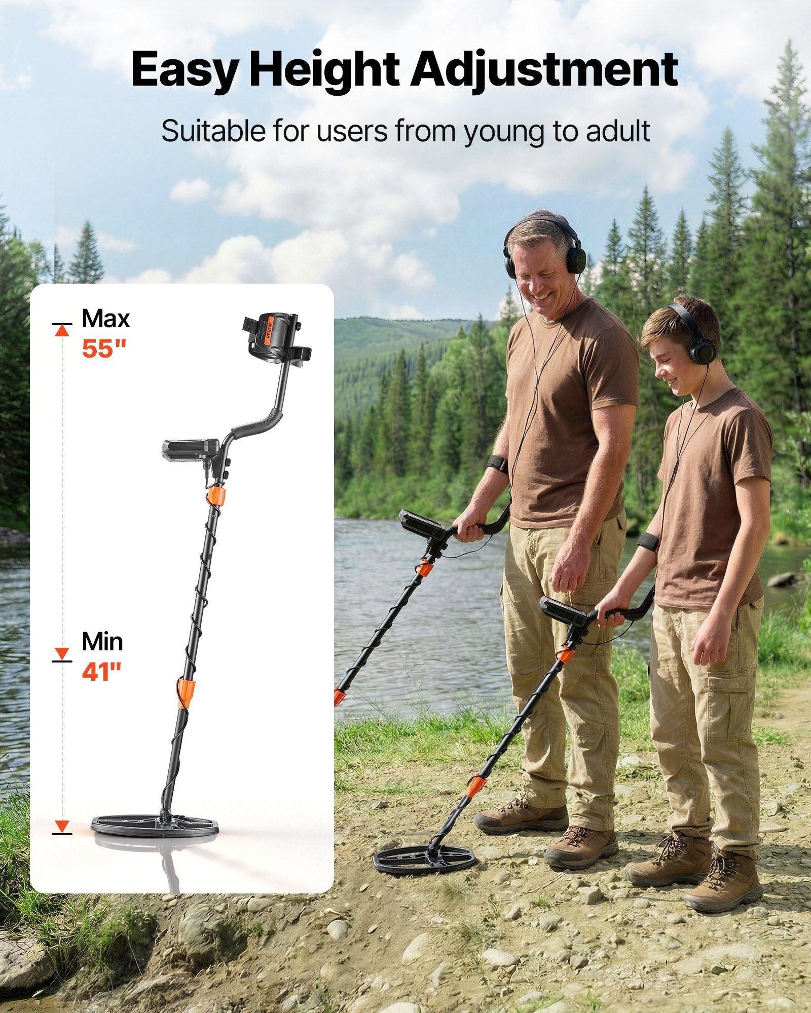 Metal Detector for Adults, 254 mm, Professional High Accuracy Gold Detector, IP68 Waterproof Search Coil with Display, Headphones, 5 Modes, Adjustable Length, for Detecting Gold Treasure Hunting