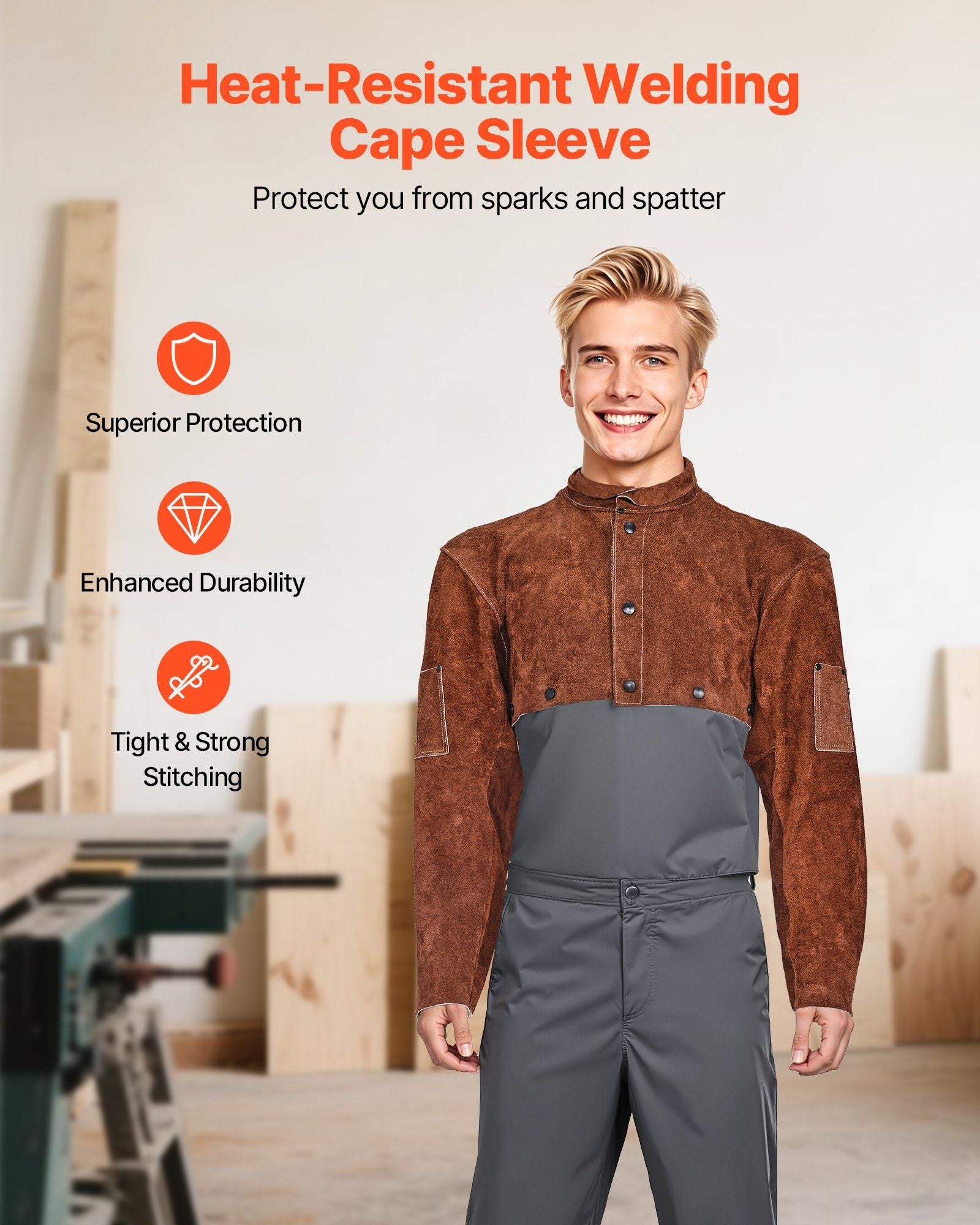 Leather Welding Cape Sleeve, Heavy Duty Flame Resistant Cowhide Safety Cape Sleeves for Men Women, Heat-Resistant for Welding, Blacksmithing, Woodworking, Gardening, XL-Size