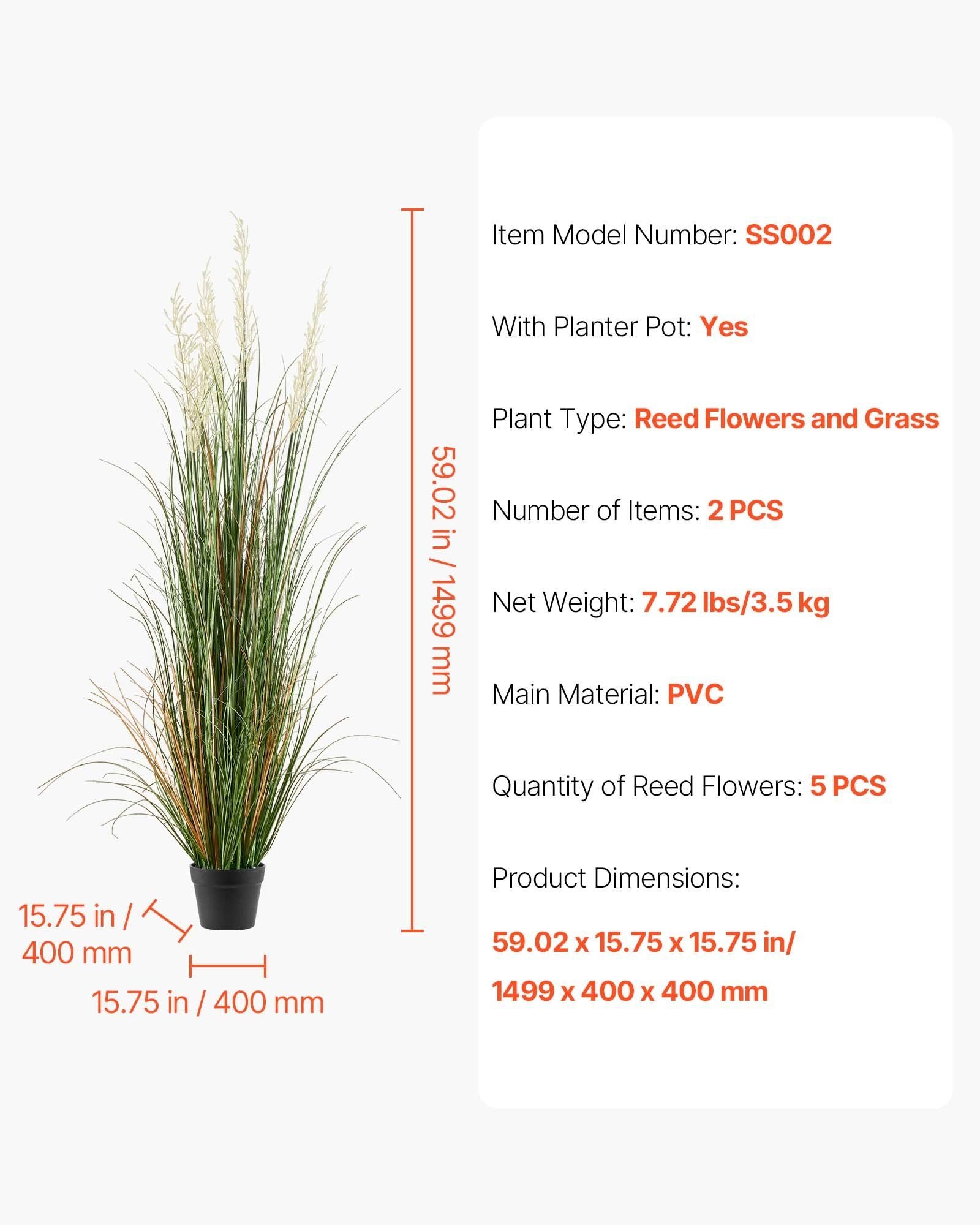 Artificial Grass Plant, 2 Pack 1499mm Faux Reed Flower Grass in Pot, Premium PVC Fake Greenery Shrubs Plant for Indoor Outdoor House Home Garden Office Room Décor, Housewarming, Green