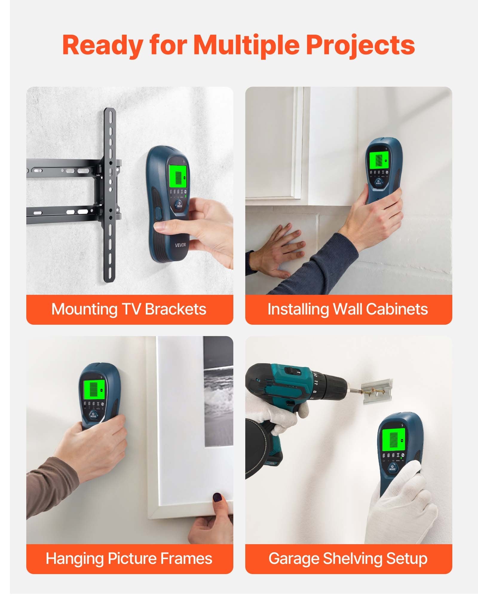 VEVOR Stud Finder Wall Scanner, 5 in 1, Electronic Wall Stud Detector with Smart Sensor, High-Definition LCD Display and Audio Alarm, for the Center and Edge of Metal, AC Wire, Joists, Pipes, Blue