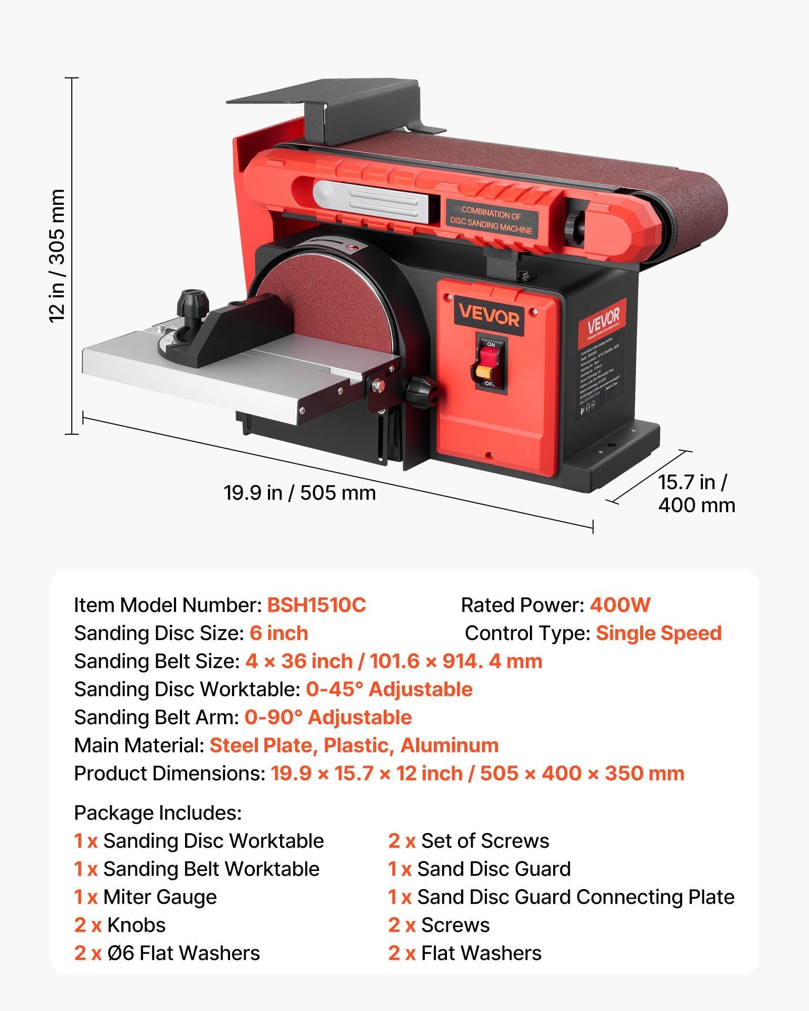 152.4mm Disc Sander & 101.6mm x 914.4mm Belt Sander, 400W Professional Belt Disc Sanders Combo with 0 - 45° Adjustable Worktable, Dust Collection Port for Woodworking & DIY Crafting