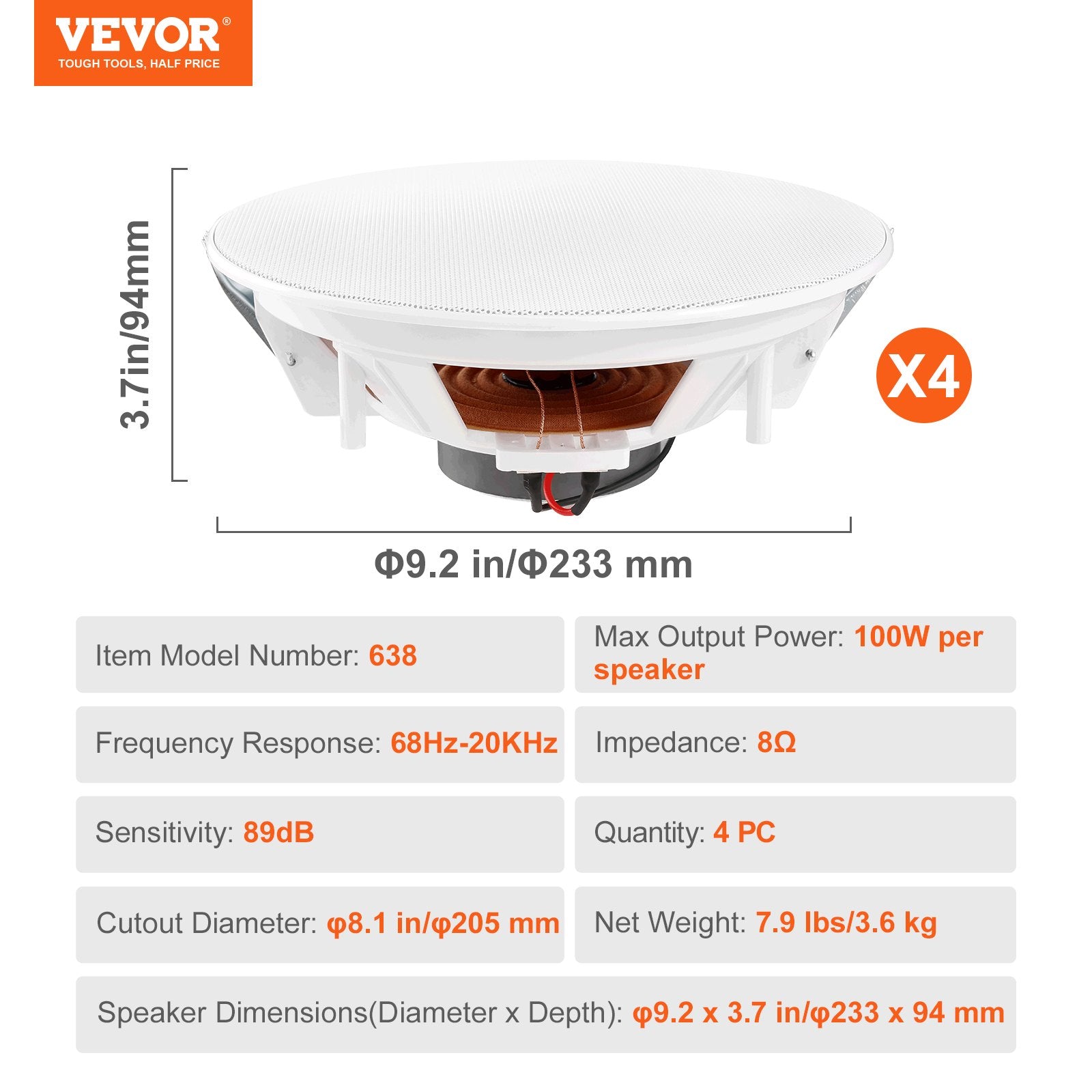 VEVOR 4 PCs 203.2 mm in Ceiling Speakers, 100-Watts, Flush Mount Ceiling & in-Wall Speakers System with 8ΩImpedance 89dB Sensitivity, for Home Kitchen Living Room Bedroom or Covered Outdoor Porches