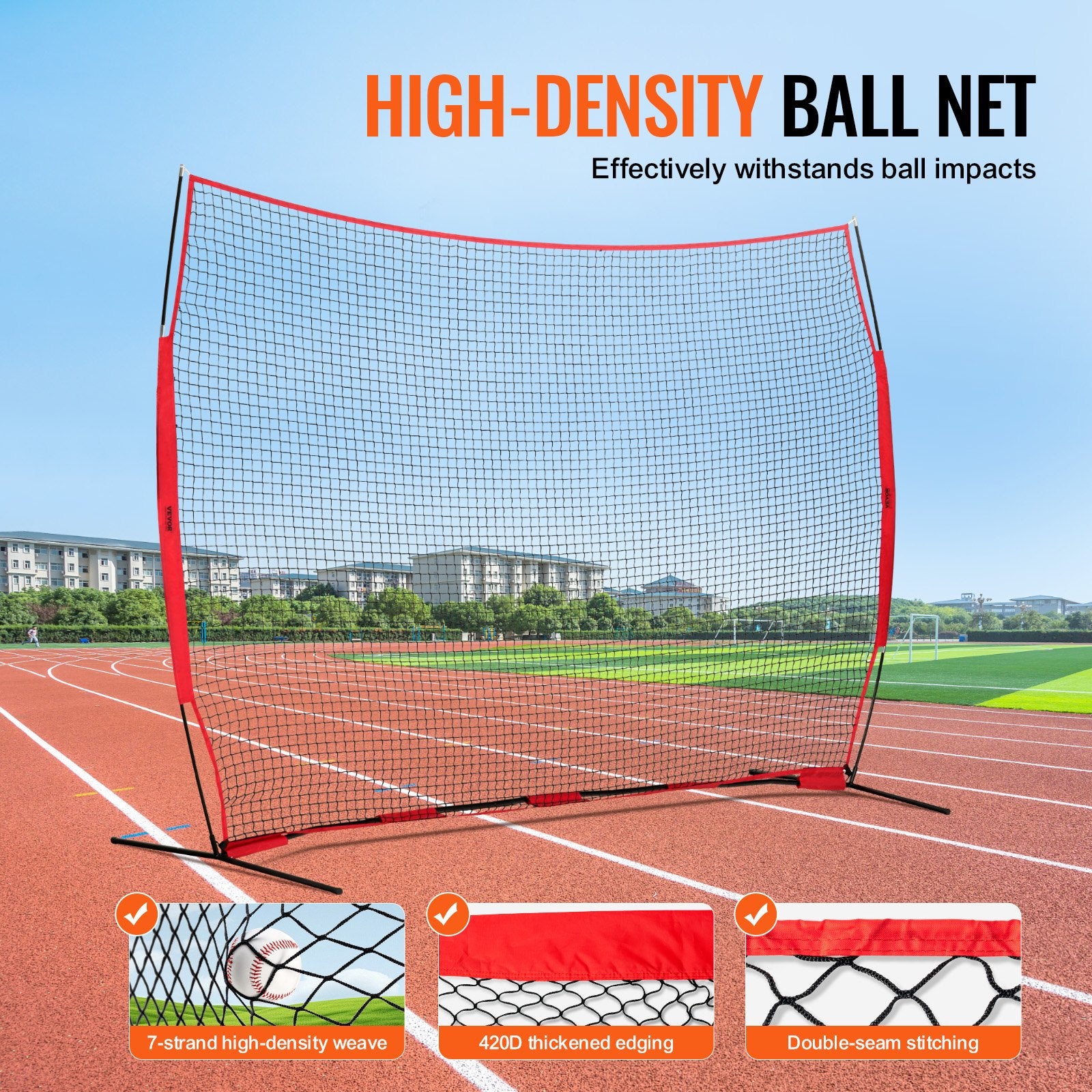 VEVOR Barricade Backstop Net, 12x9 ft Ball Sports Barrier Netting, Portable Practice Equipment with Carry Bag, Protection Screen for Baseball Softball Lacrosse Soccer Hockey Training, for Backyard