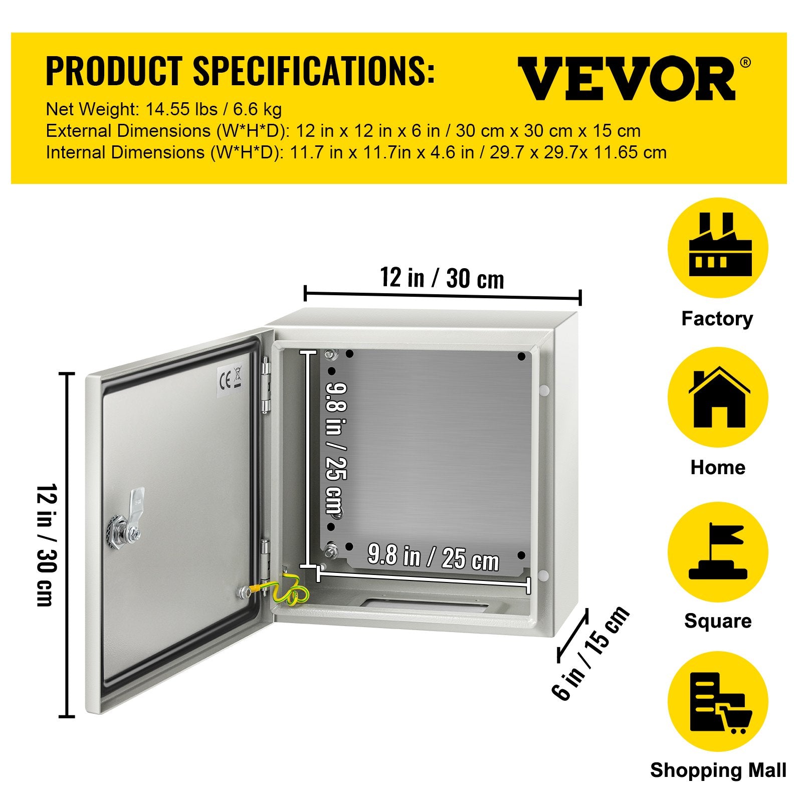 VEVOR NEMA Steel Enclosure, 12 x 12 x 6''steel electrical box
electrical enclosur NEMA 4X Steel Electrical Box, IP66 Waterproof & Dustproof, Outdoor/Indoor Electrical Junction Box, with Mounting Plat