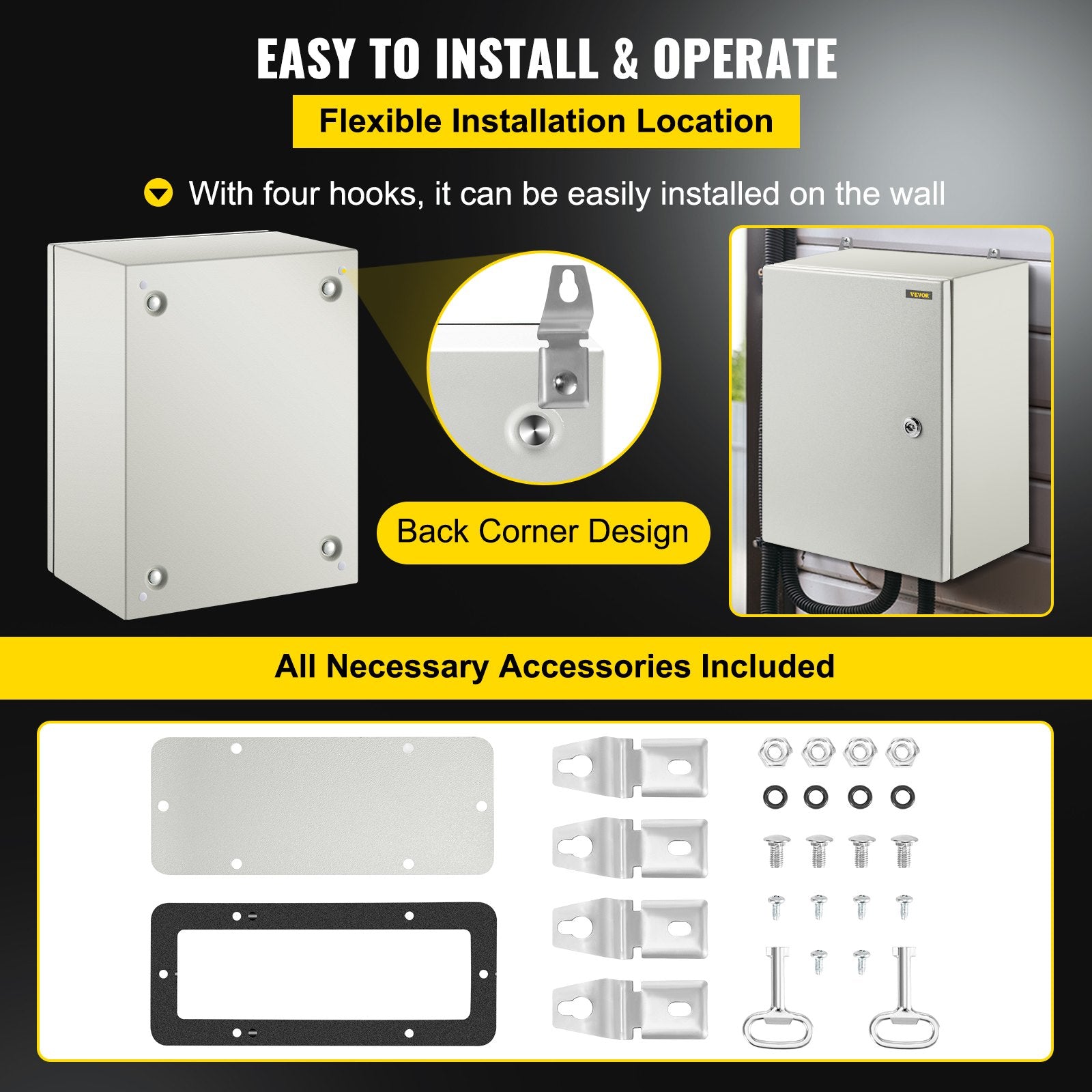 VEVOR Steel Electrical Box 16'' x 12'' x 8'' Electrical Enclosure Box, Carbon Steel Hinged Junction Box, IP65 Weatherproof Metal Box Wall-Mounted Electronic Equipment Enclosure Box with Mounting Plate