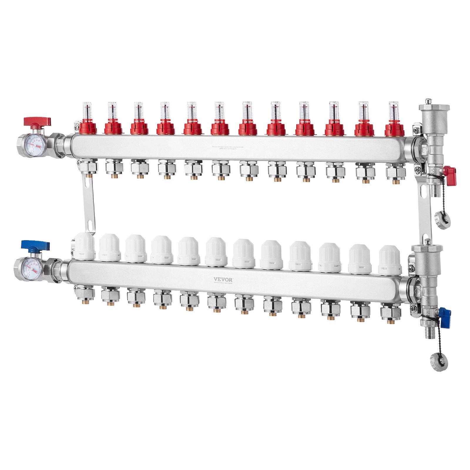 VEVOR 12-Branch Radiant Heat Manifold, 1/2" PEX Tubing Manifold, Stainless Steel PEX Manifold for Hydronic Radiant Floor Heating, Radiant Heat PEX Manifold Kit with 1/2" Adapters Included