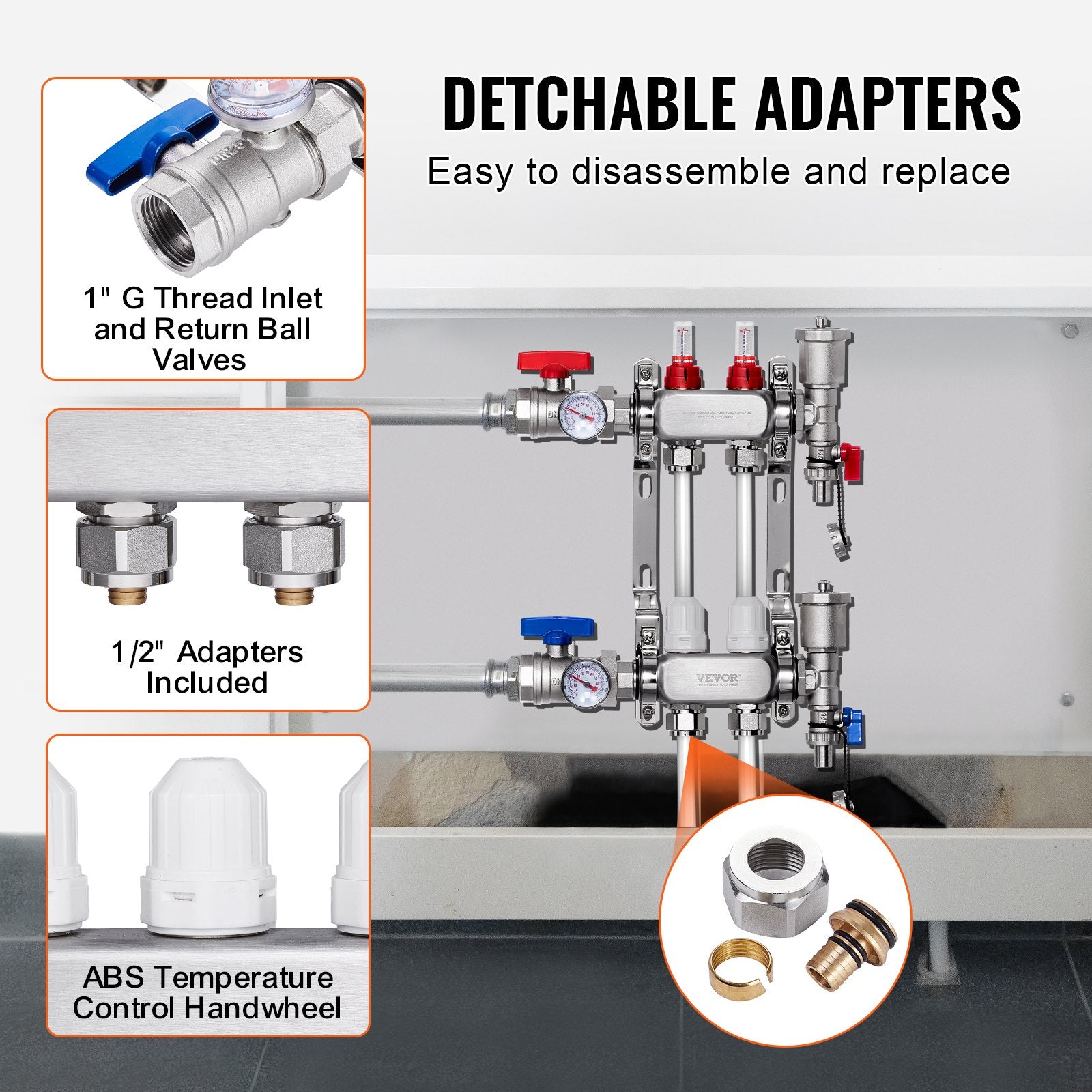 VEVOR 2-Branch Radiant Heat Manifold, 1/2" PEX Tubing Manifold, Stainless Steel PEX Manifold for Hydronic Radiant Floor Heating, Radiant Heat PEX Manifold Kit with 1/2" Adapters Included