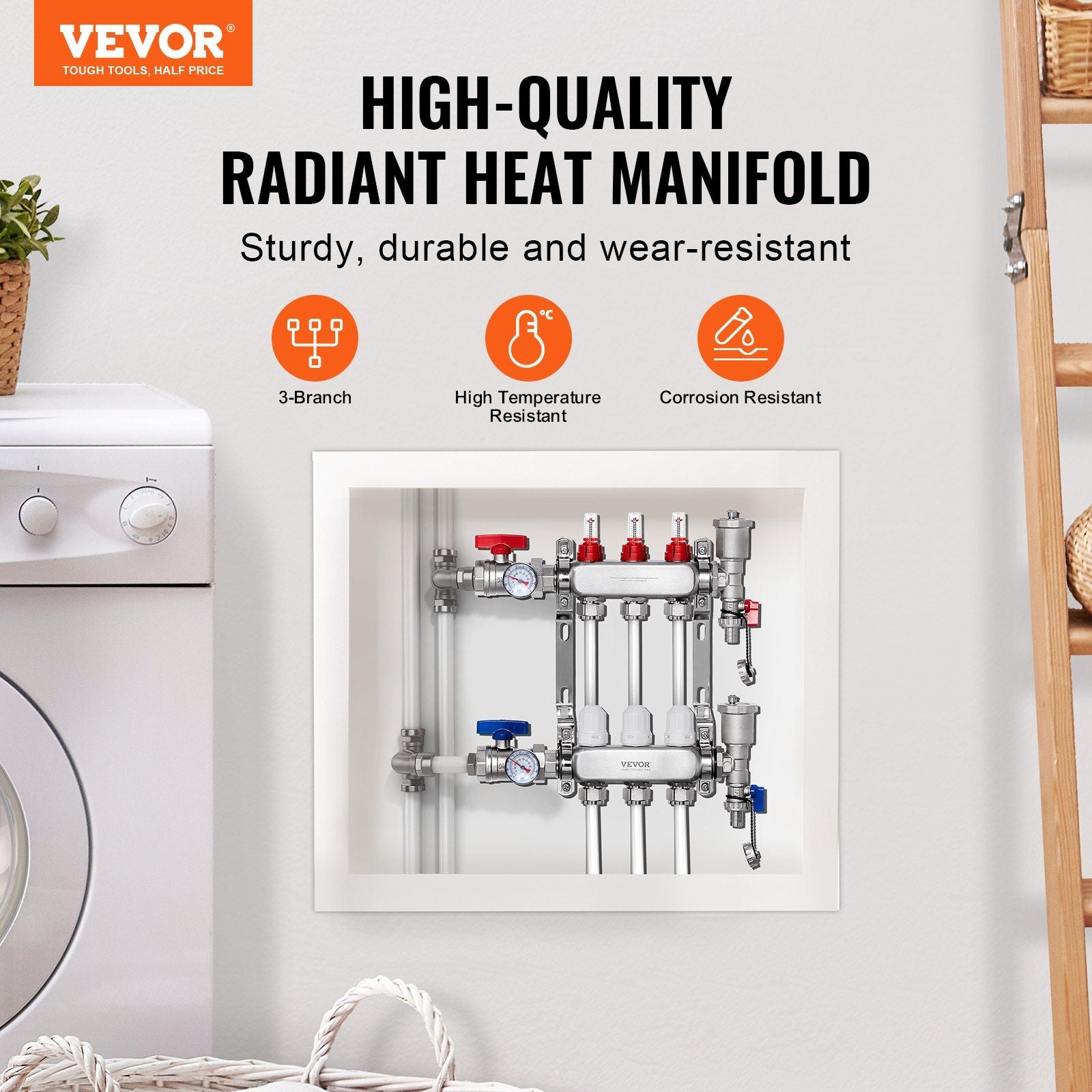 3-Branch Radiant Heat Manifold, 1/2" PEX Tubing Manifold, Stainless Steel PEX Manifold for Hydronic Radiant Floor Heating, Radiant Heat PEX Manifold Kit with 1/2" Adapters Included
