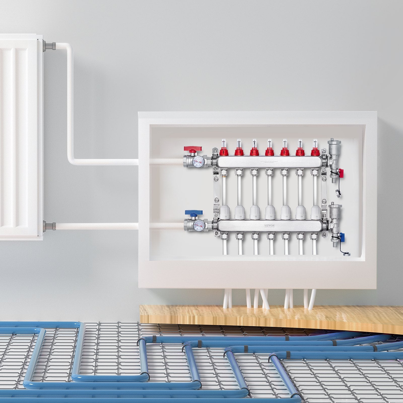 VEVOR 7-Branch Radiant Heat Manifold, 1/2" PEX Tubing Manifold, Stainless Steel PEX Manifold for Hydronic Radiant Floor Heating, Radiant Heat PEX Manifold Kit with 1/2" Adapters Included